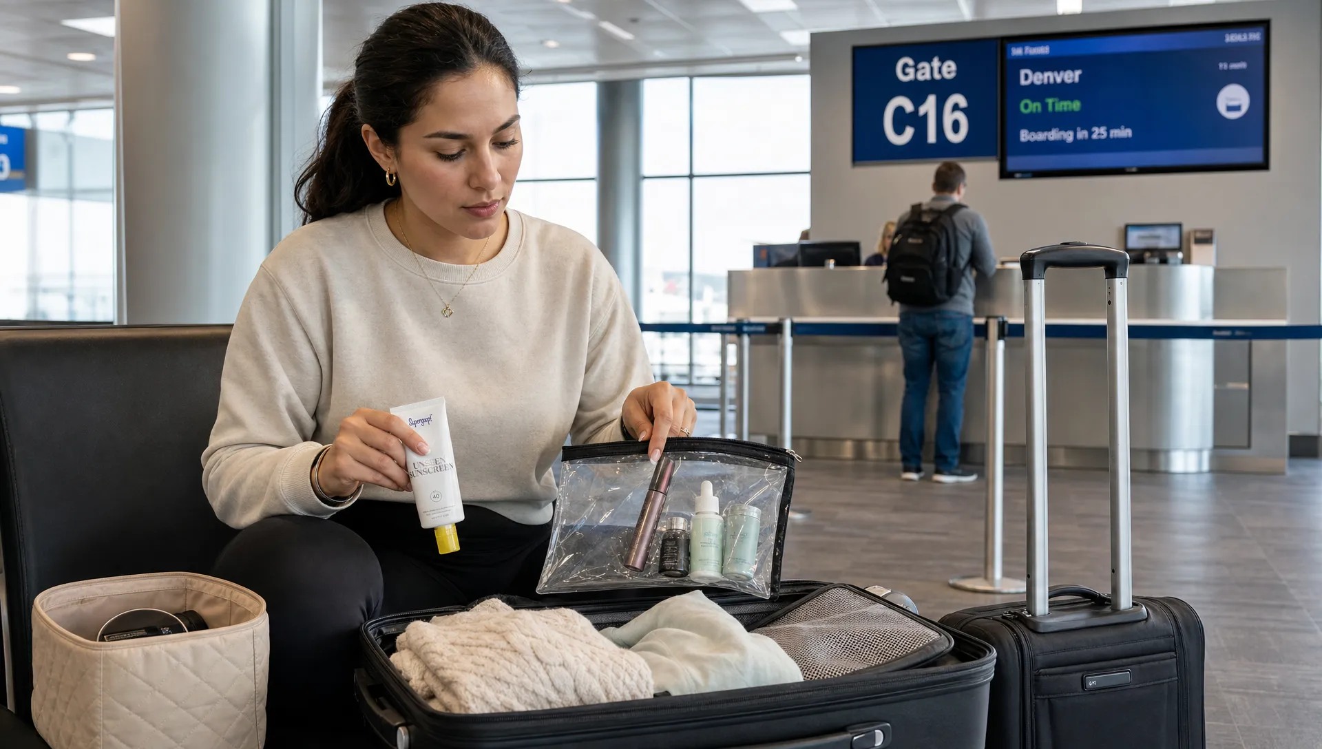 An adult traveler repacks mascara, serum and sunscreen into a clear liquids bag at an airport bench.