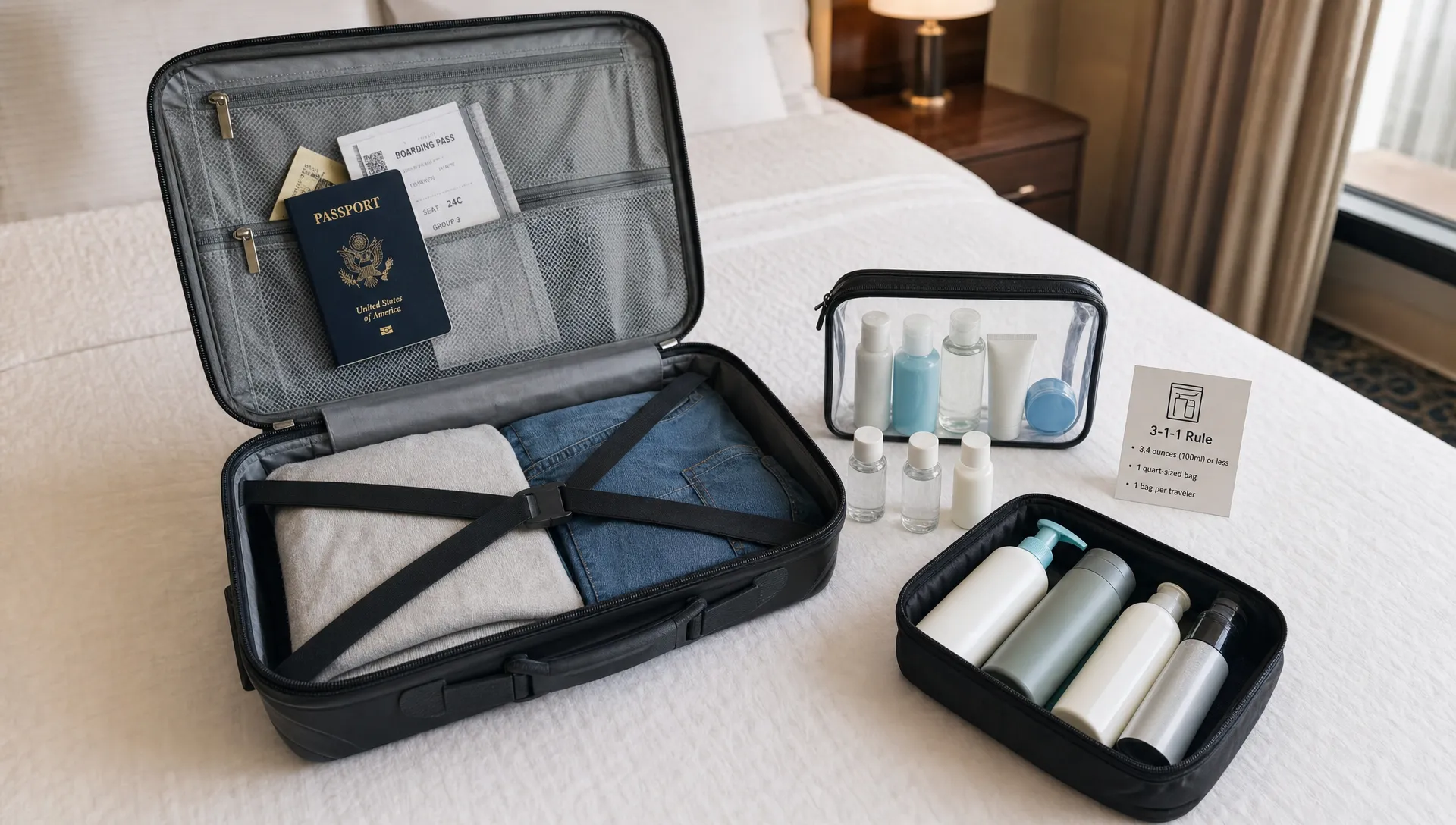 An open carry-on suitcase on a hotel bed with a clear liquids bag, small 100ml toiletry bottles, travel documents, and a separate packing cube with full-size items set aside nearby, showing how to prepare for airport security on the outbound and return flight.