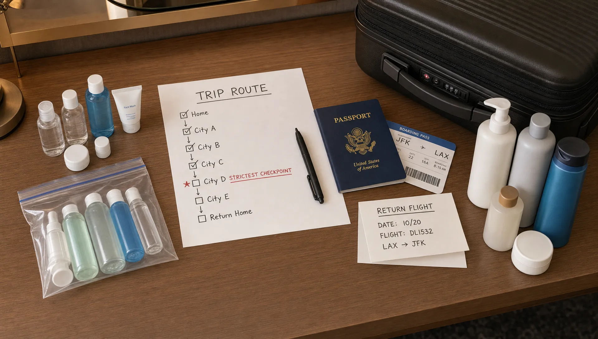 A landscape overhead travel planning scene on a hotel desk with a route checklist, passport, boarding pass, a clear resealable liquids bag, and two separate groups of toiletries: travel-size bottles on one side and full-size bottles on the other, with a closed carry-on suitcase and a folded return-flight note card nearby to emphasize packing for the strictest checkpoint on the whole trip.
