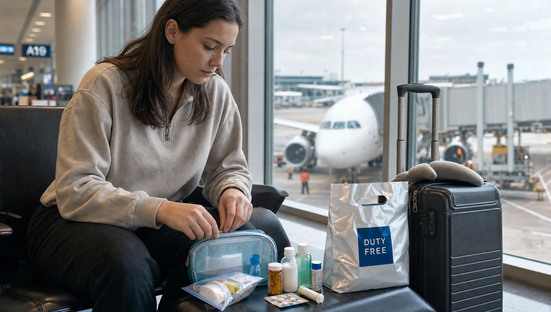 A traveler arranges small toiletries, medicine and a sealed duty-free bag beside a carry-on suitcase before a connecting flight.