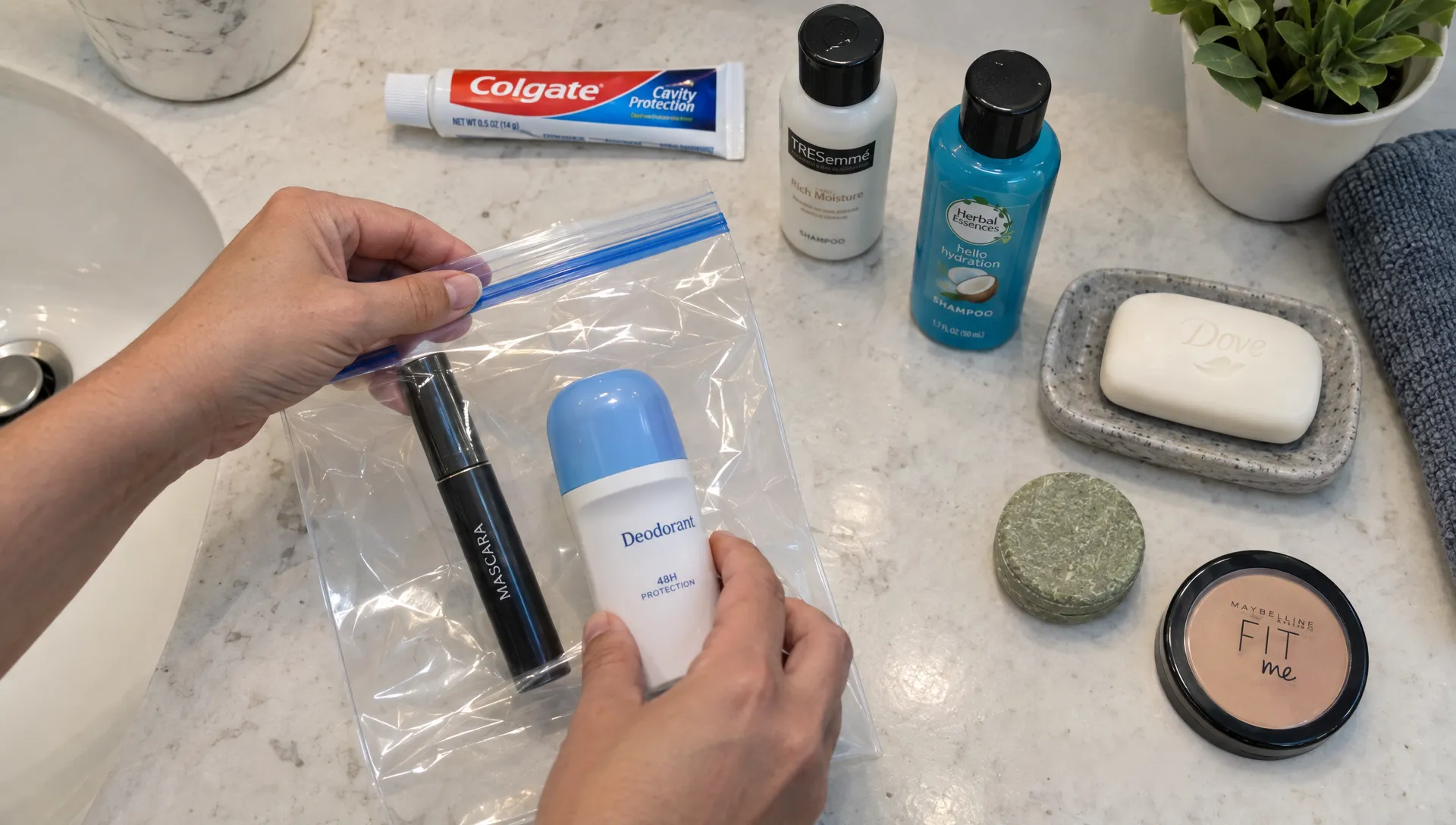 Close overhead view of a bathroom counter as a hand places mascara and roll-on deodorant into a clear resealable liquids bag, with toothpaste and small shampoo bottles nearby and solid soap, a shampoo bar and powder makeup set apart.