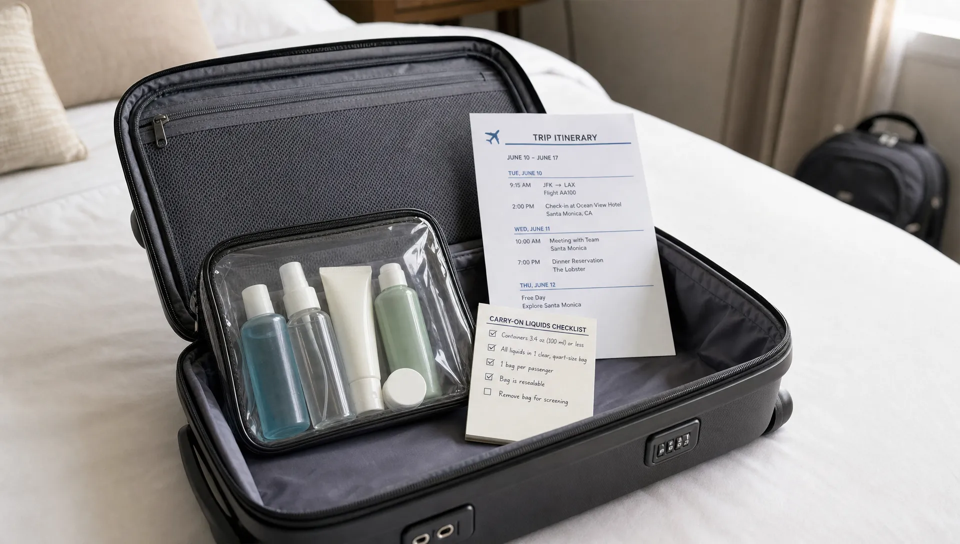 An open carry-on on a bed holds a clear pouch of travel-size toiletries beside a printed itinerary and a small checklist, ready for airport liquid rules.