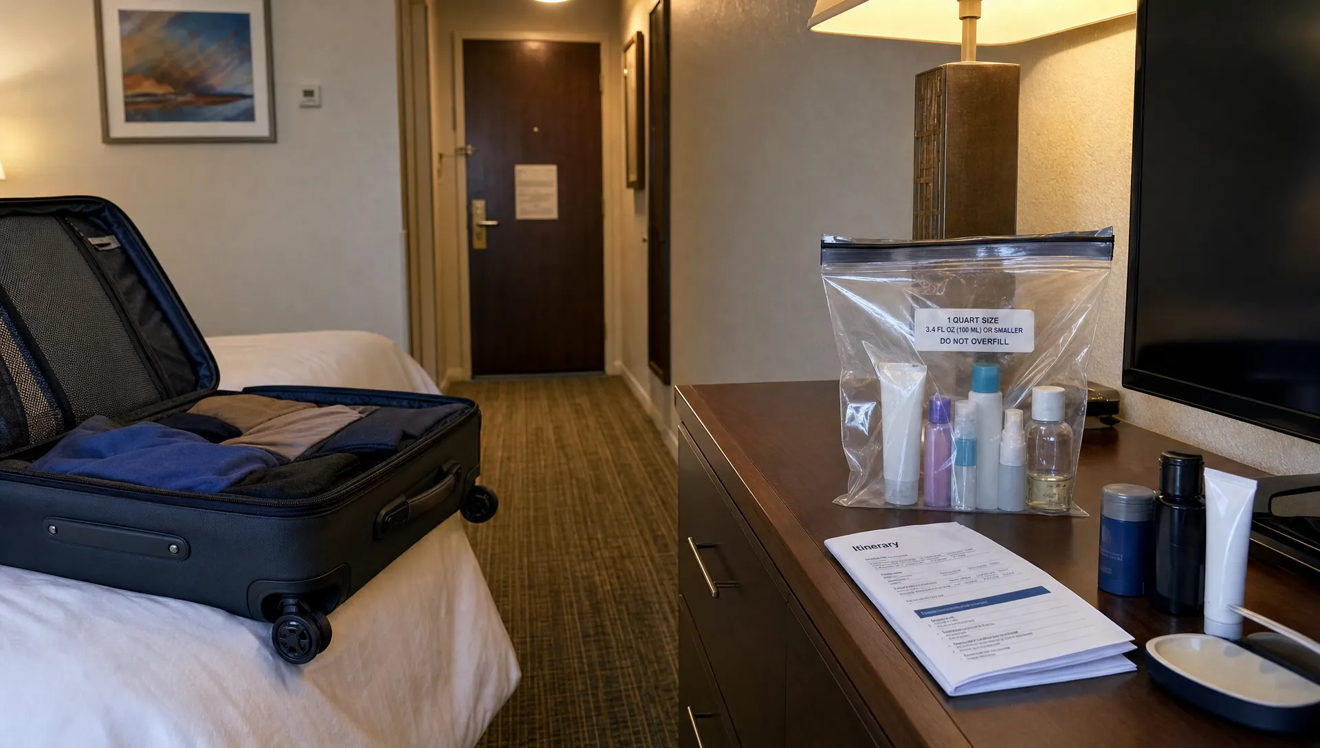 An open suitcase and clear toiletries bag sit in a hotel room as a traveler prepares for airport liquid rules.
