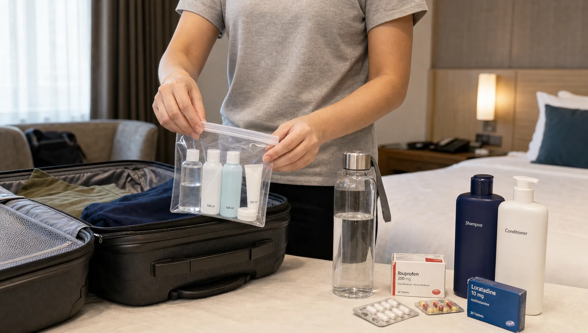 A traveler packing a clear resealable liquids bag with 100 ml toiletries, an empty reusable water bottle, medicine in original packaging, and larger shampoo bottles placed beside an open suitcase in a hotel room.