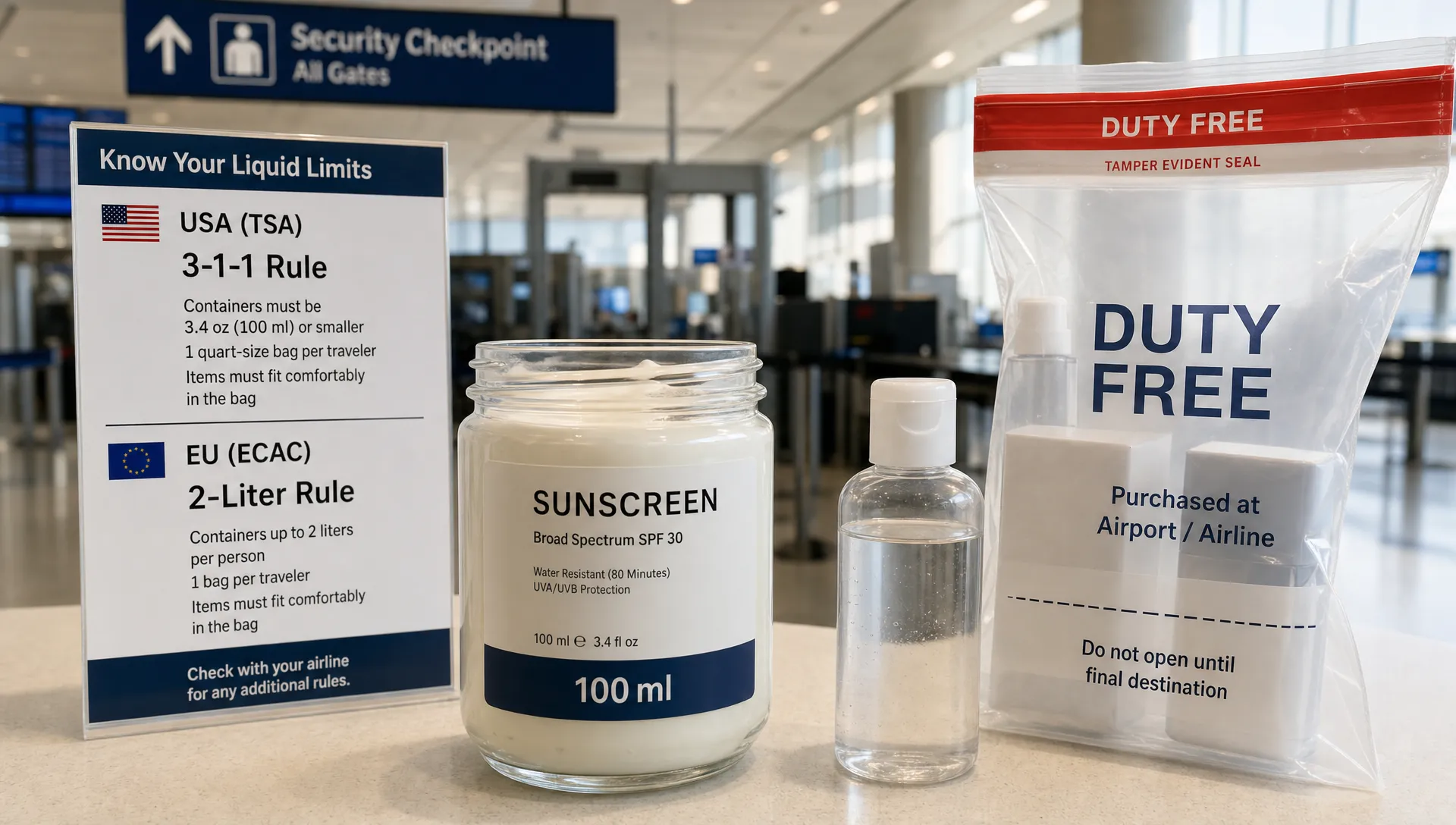 A landscape scene of a clear glass jar of thick sunscreen or lotion with a bold 100 ml mark on the label, set on a clean airport-style counter beside a sealed duty-free bag and a small travel bottle. In the background, a softly focused terminal security lane and a route card showing two different airport liquid limits suggest that one checkpoint is stricter than another. No dominant person in the frame; the image should feel like a simple rule-and-size decision about what is allowed in cabin baggage.