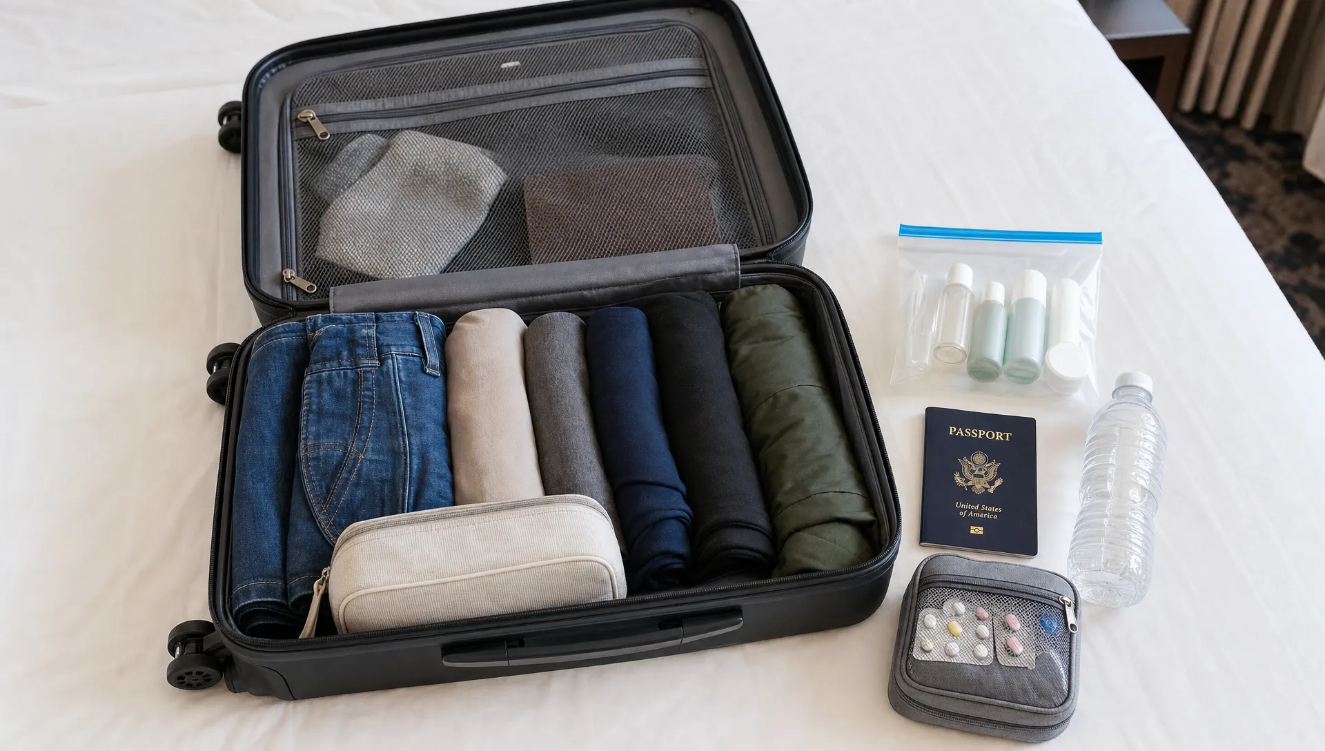 A neatly packed carry-on bag open on a hotel bed with travel-size toiletries in a clear resealable bag, a passport, an empty water bottle, and a small medicine pouch placed beside it.