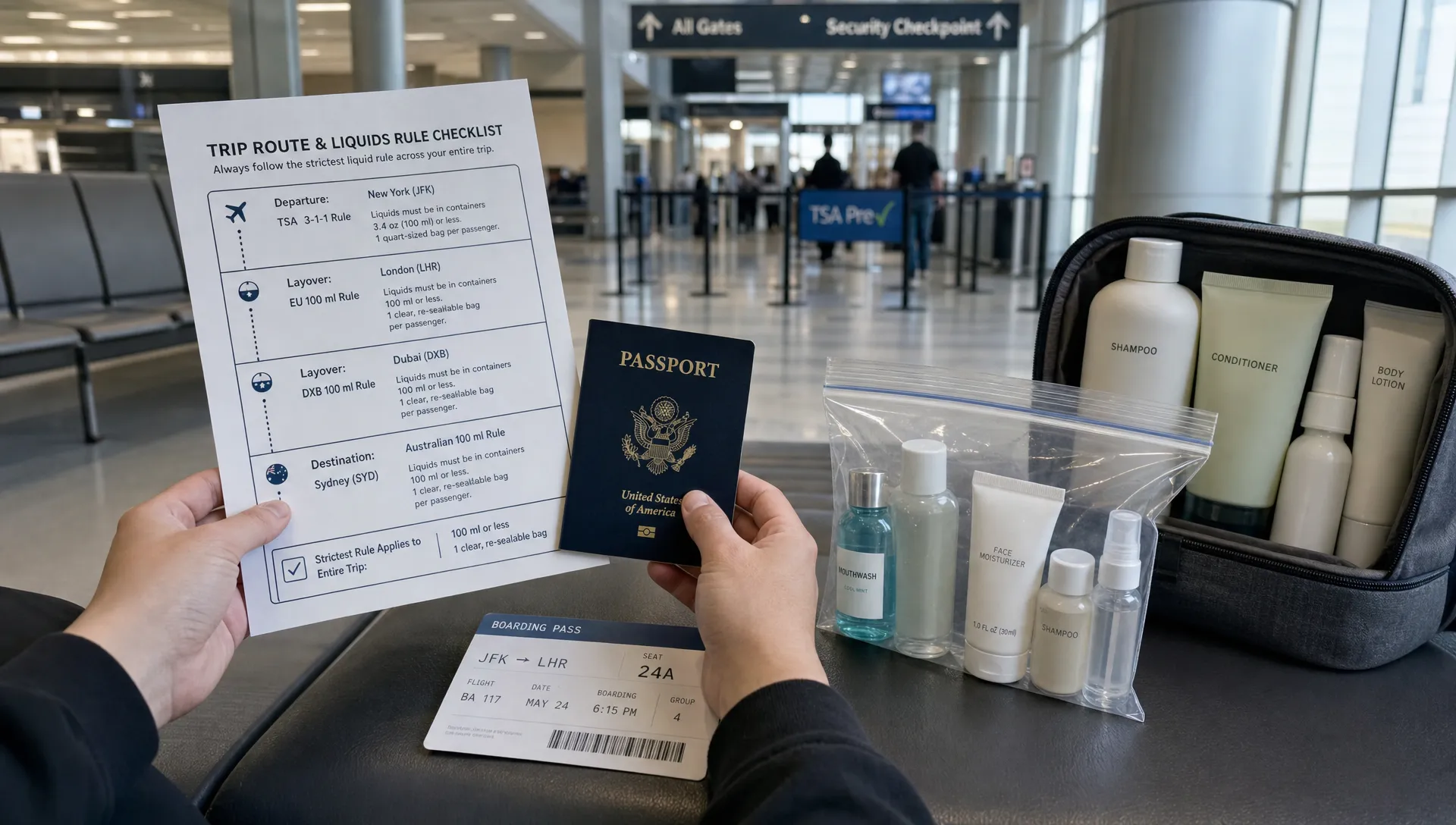 A landscape scene at an airport departure area showing a traveler’s hands comparing a printed route checklist with a passport, a boarding pass, and a clear resealable liquids bag of travel-size toiletries laid out on a bench. A second bag with full-size toiletries sits in a separate pouch nearby, and the background shows a muted terminal seating area and a distant security lane, emphasizing checking the strictest liquid rule for the whole trip.