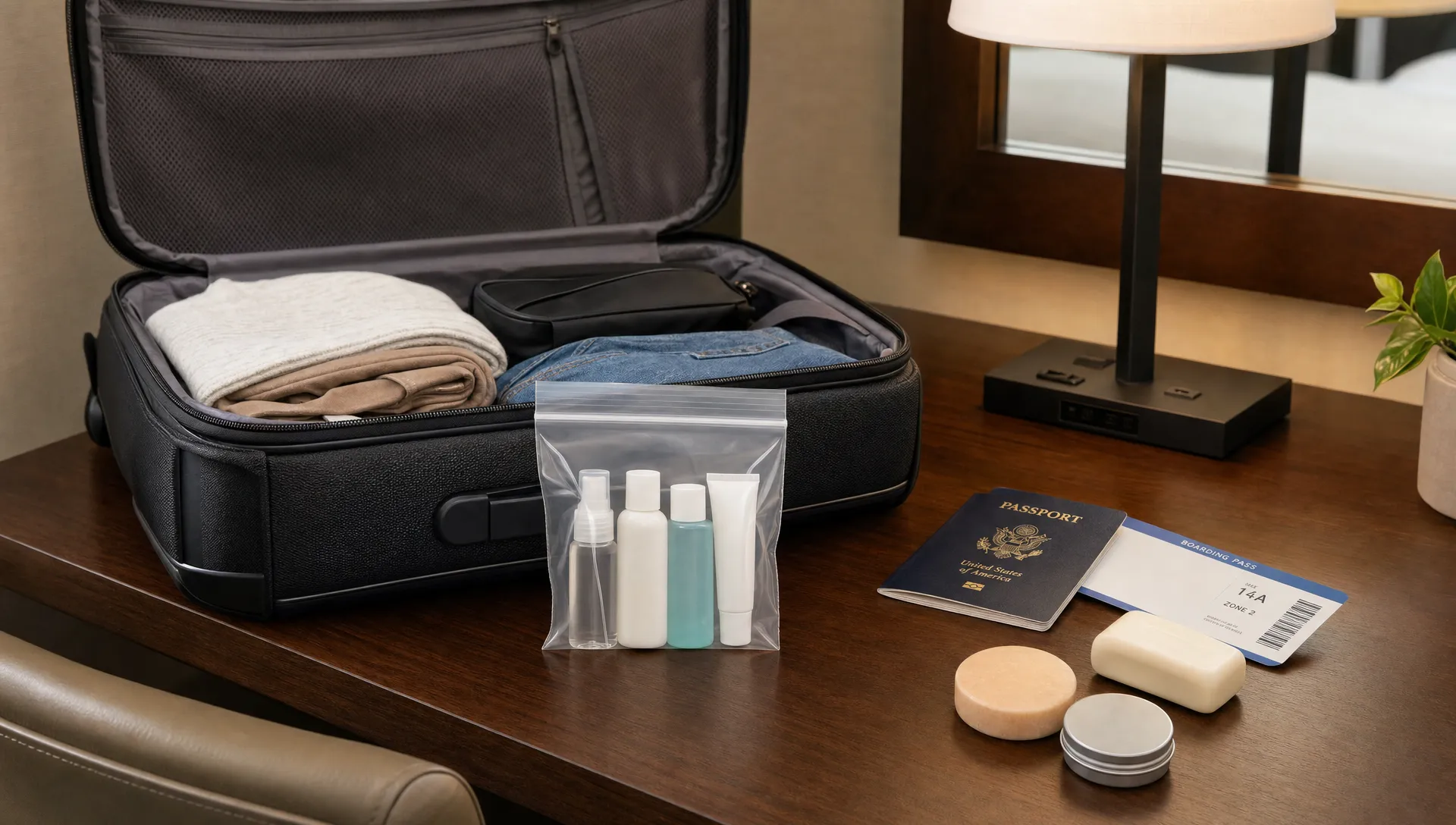 A neatly organized carry-on bag on a hotel desk with a transparent resealable liquids bag containing travel-size toiletries, a passport, boarding pass, and a few solid toiletry alternatives beside it.