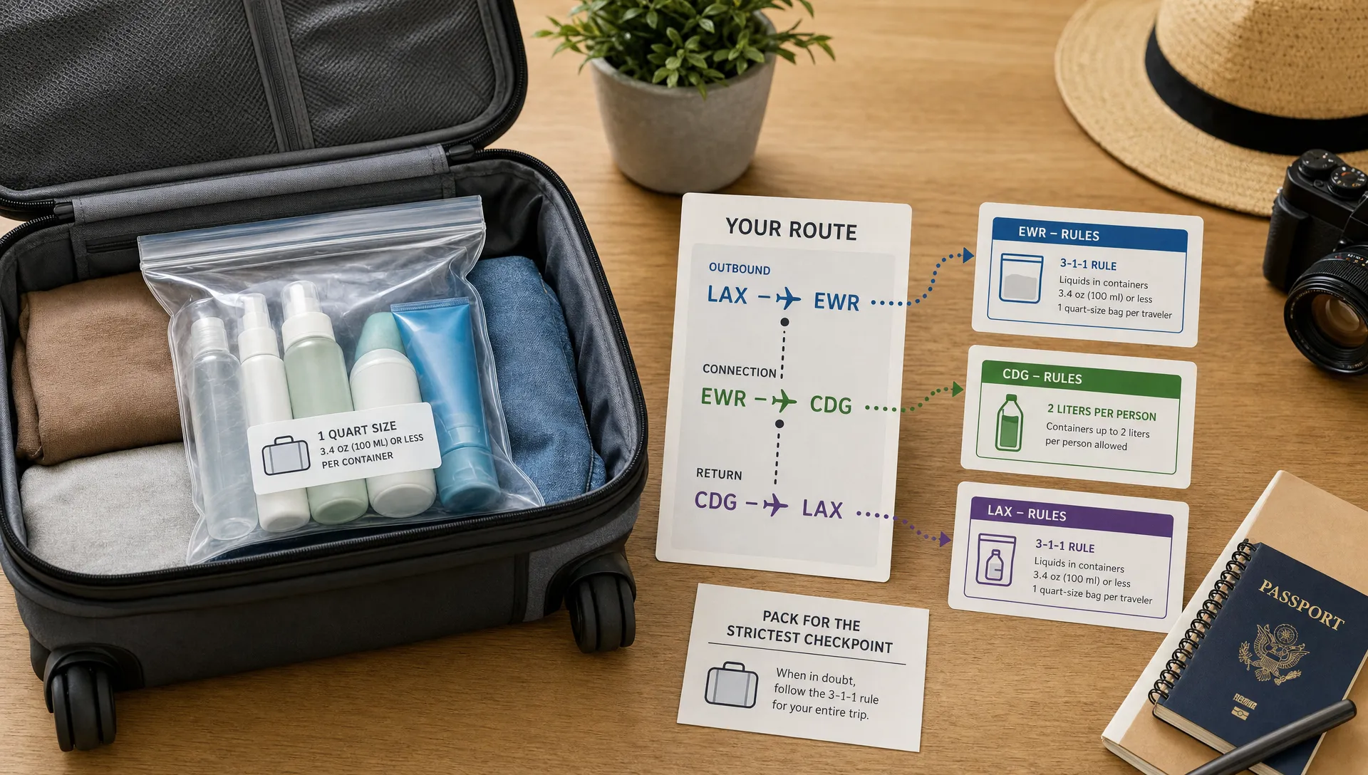 A landscape conceptual scene showing one carry-on bag opening into a decision split: inside are compliant small liquids in a clear bag, while beside it sits a route card with outbound, connection, and return arrows pointing toward different airport rule cards. The frame is built around the idea of packing for the strictest checkpoint on the trip, with the route information as the main visual clue and no airport interior in view.