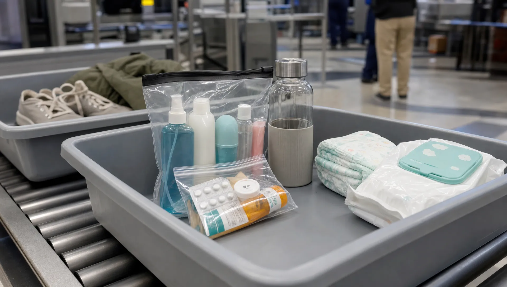 Airport security trays hold a clear bag of travel-sized toiletries, a refillable bottle, medication and baby supplies ready for screening.
