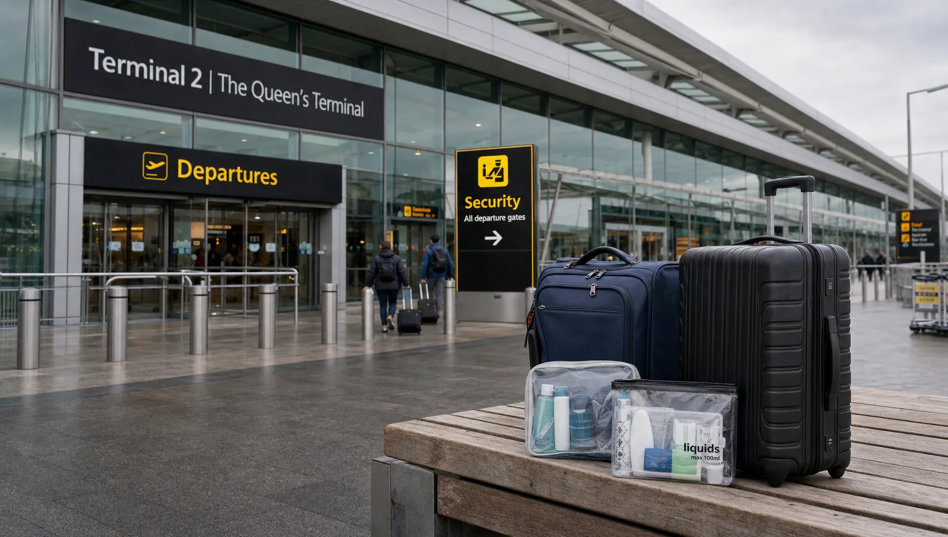 A UK airport terminal entrance with security signs and travelers, suggesting cabin liquid rules before a flight.
