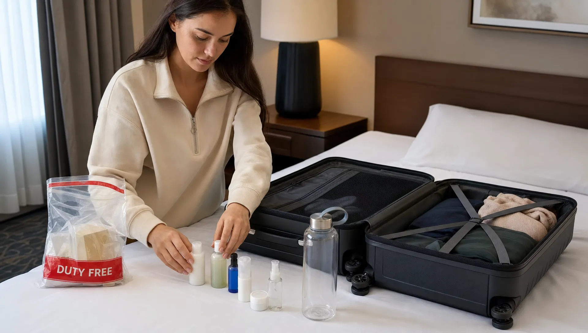 A traveler arranges small toiletry bottles, a sealed duty-free bag and an empty refillable water bottle beside an open carry-on.