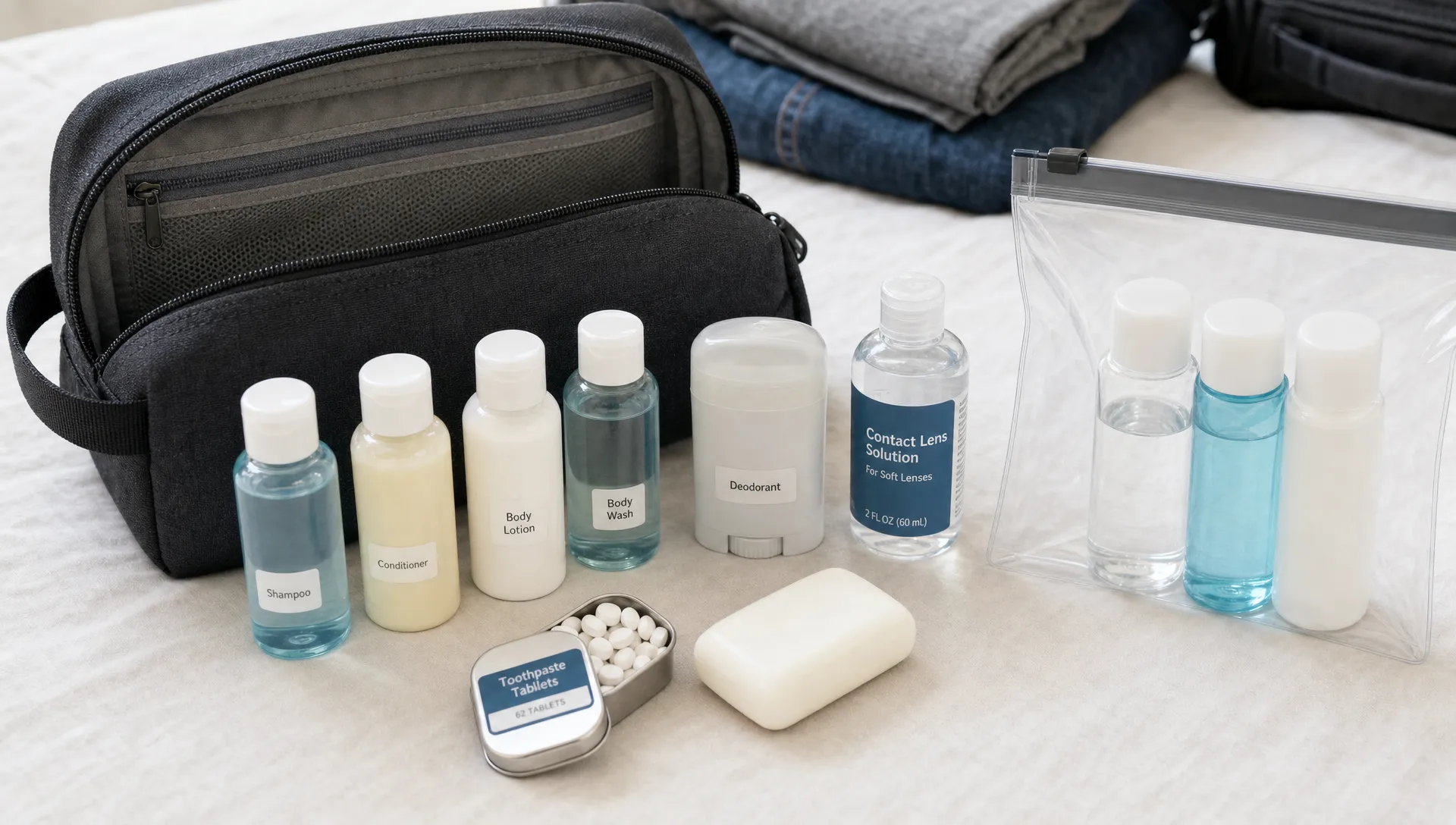 A toiletry kit on a packing surface with travel-size bottles, solid soap, a stick deodorant, toothpaste tablets, contact lens solution and a clear resealable liquids bag.