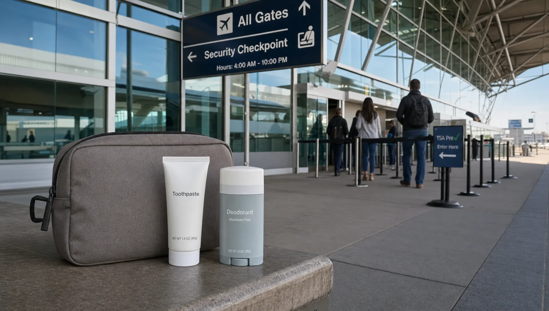 An airport terminal entrance sits behind a toiletry pouch and travel-size toiletries, suggesting a cabin liquid check before flying.