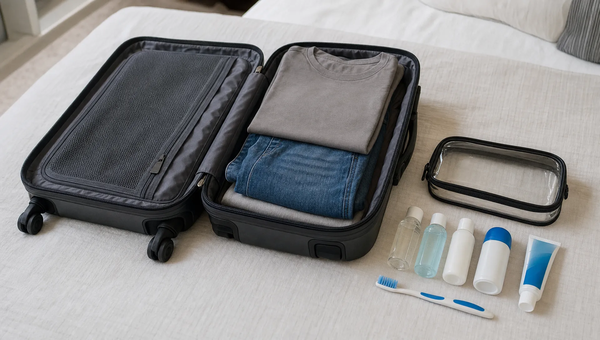An open carry-on suitcase with a clear toiletries bag, small travel bottles, toothpaste, deodorant and a toothbrush arranged on a bed.