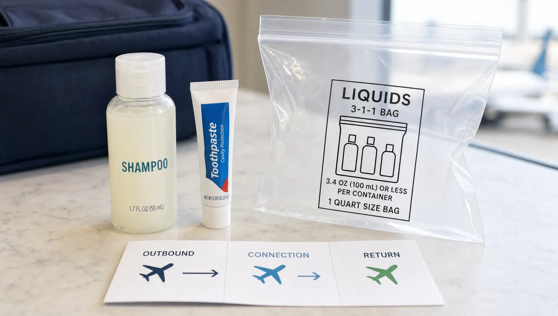 Travel-size shampoo and toothpaste sit beside a clear liquids bag and route card for airport liquid rules.
