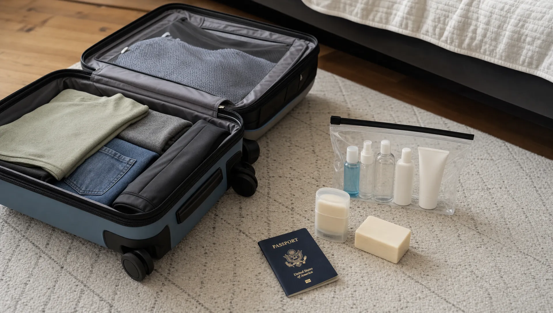 An open carry-on suitcase on a bedroom floor with a transparent resealable liquids bag, travel-size toiletries, solid deodorant, bar soap, and a passport placed beside it.