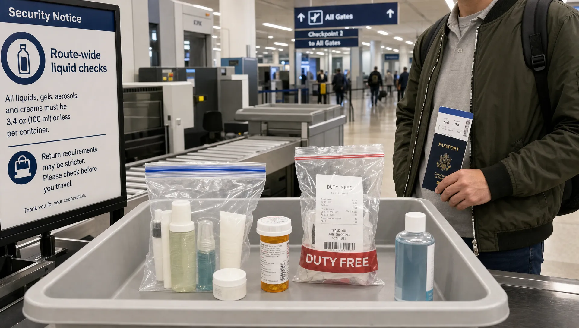 A landscape scene of a modern airport security checkpoint with a carry-on tray in the foreground, a clear resealable liquids bag holding small toiletry bottles, a prescription medicine bottle, and a sealed duty-free bag with a receipt, while one larger toiletries bottle is set apart for inspection. A traveler stands beside the tray with a passport and boarding pass, and the background shows screening equipment and a terminal corridor, emphasizing route-wide liquid checks and stricter return rules.