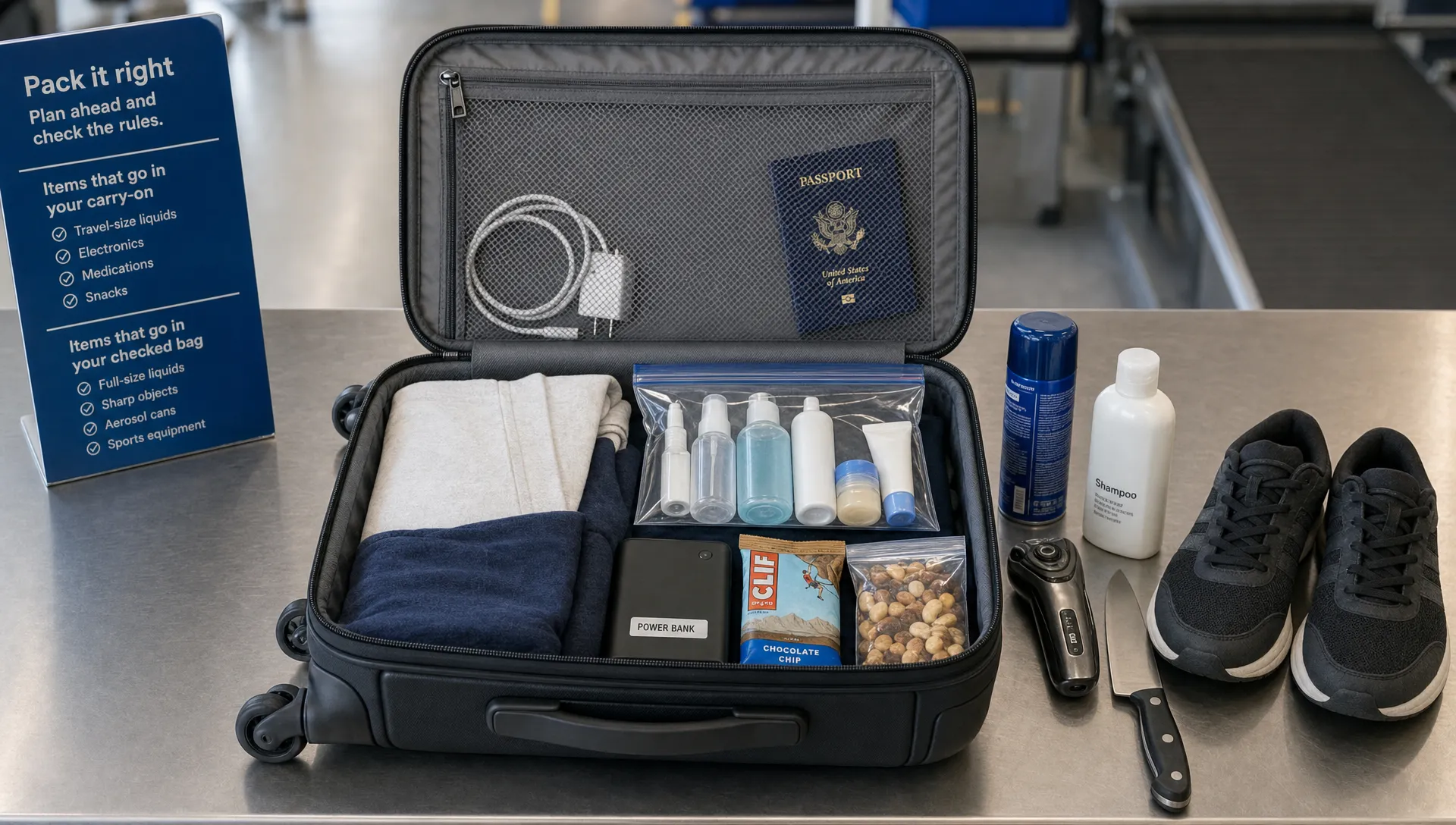 An open carry-on bag on a packing table with travel-size toiletries in a clear bag, a labeled power bank, solid snacks, and items that belong in checked baggage separated to one side.