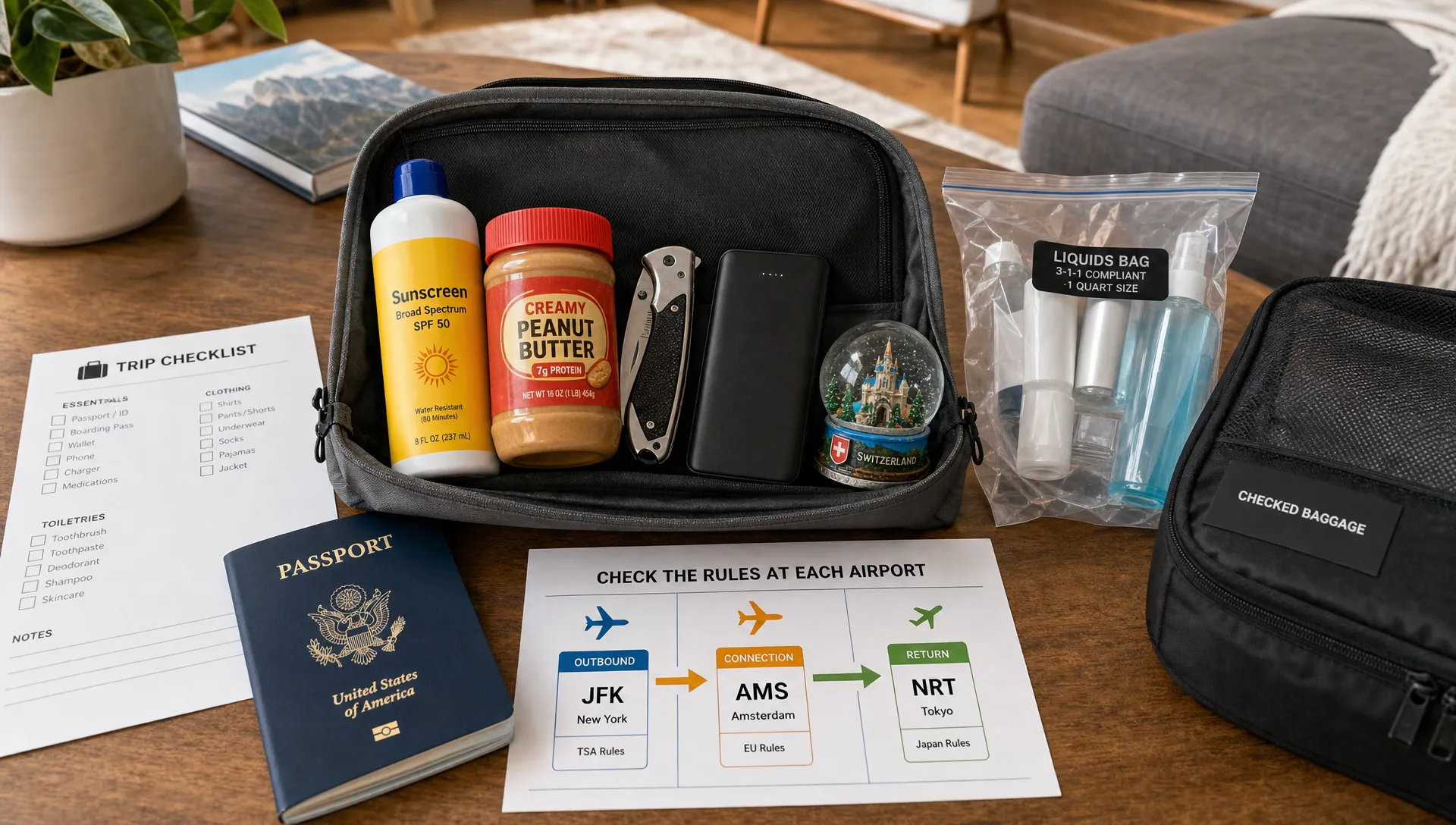 A landscape scene of a home packing area centered on a travel organizer open to reveal a pile of rejected items being sorted out before a flight: a full-size sunscreen bottle, a jar of peanut butter, a pocketknife, an unlabeled power bank, and a souvenir snow globe, with a printed trip checklist and a passport beside them. A clear liquids bag and a separate checked-baggage pouch sit nearby, and a route card with outbound, connection, and return arrows hints that different airports may apply different rules. No dominant person in the frame; the image should feel like a practical decision about what will be blocked at the checkpoint and what must be packed differently.