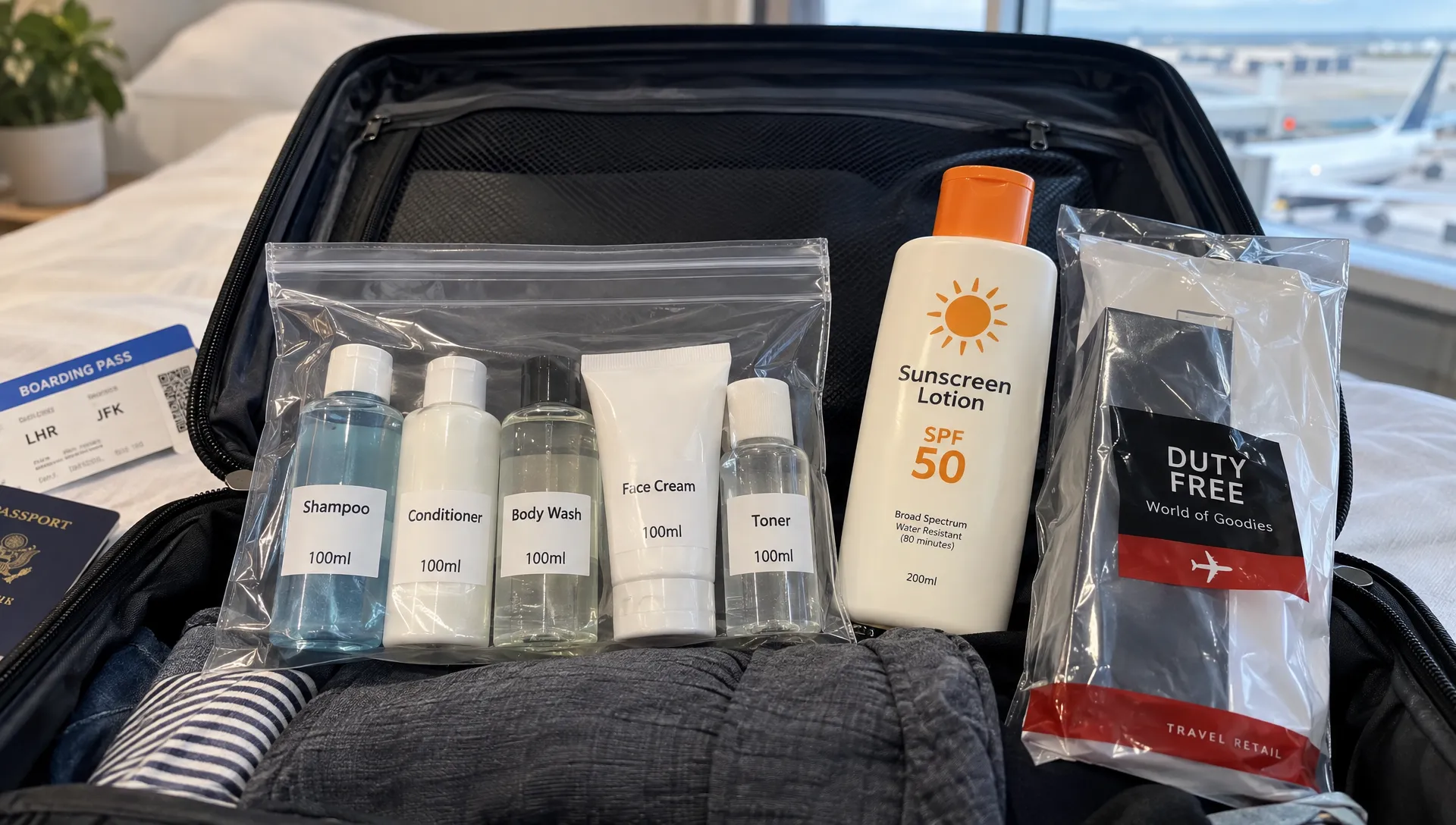 An open carry-on holds a clear bag of labeled 100ml toiletries beside an oversized sunscreen bottle and sealed duty-free purchase, ready for a return-flight liquid check.