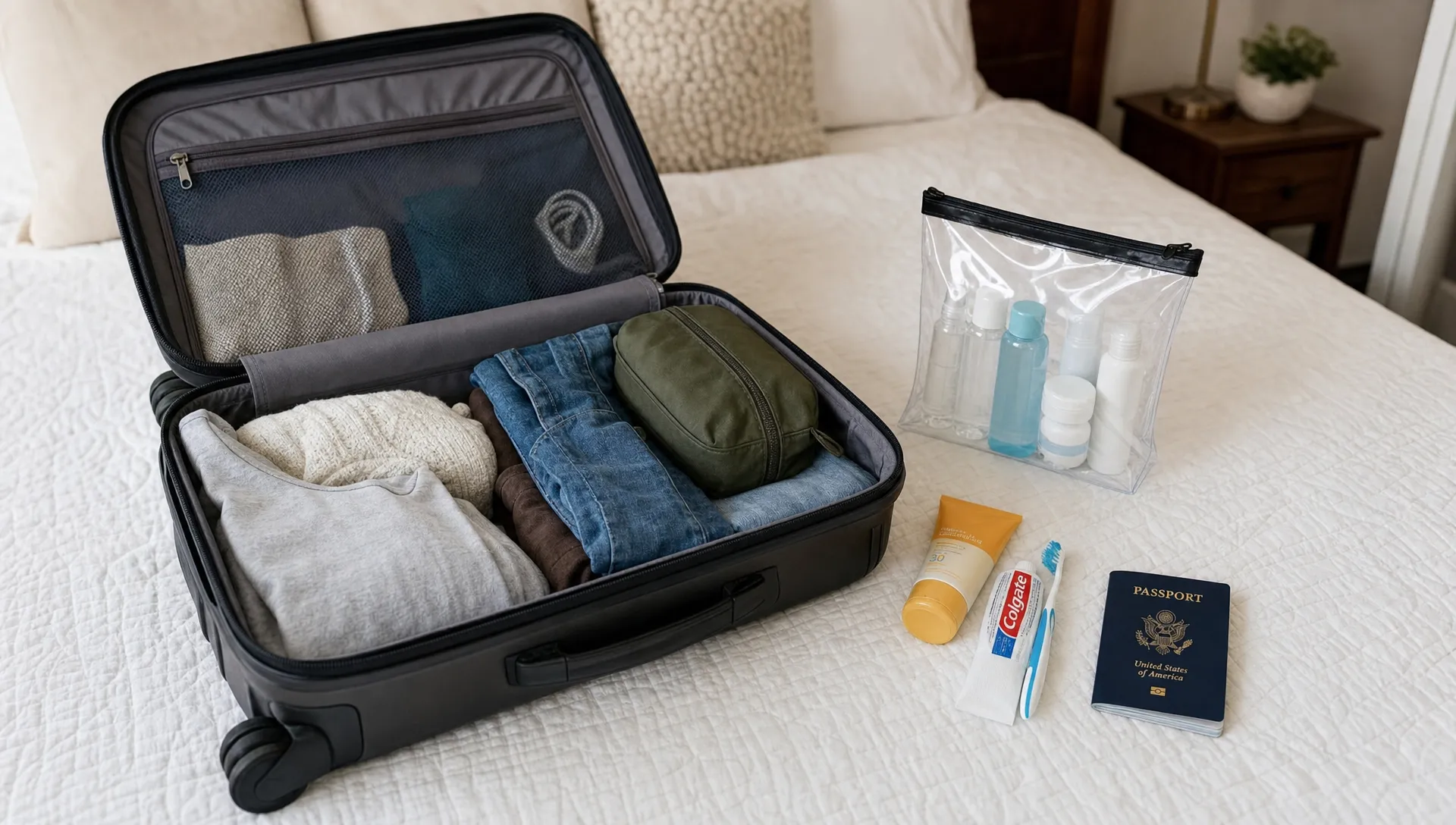 A carry-on suitcase sits open on a bed with travel-size toiletries, a clear liquids bag, sunscreen, toothpaste, and a passport laid out for packing.