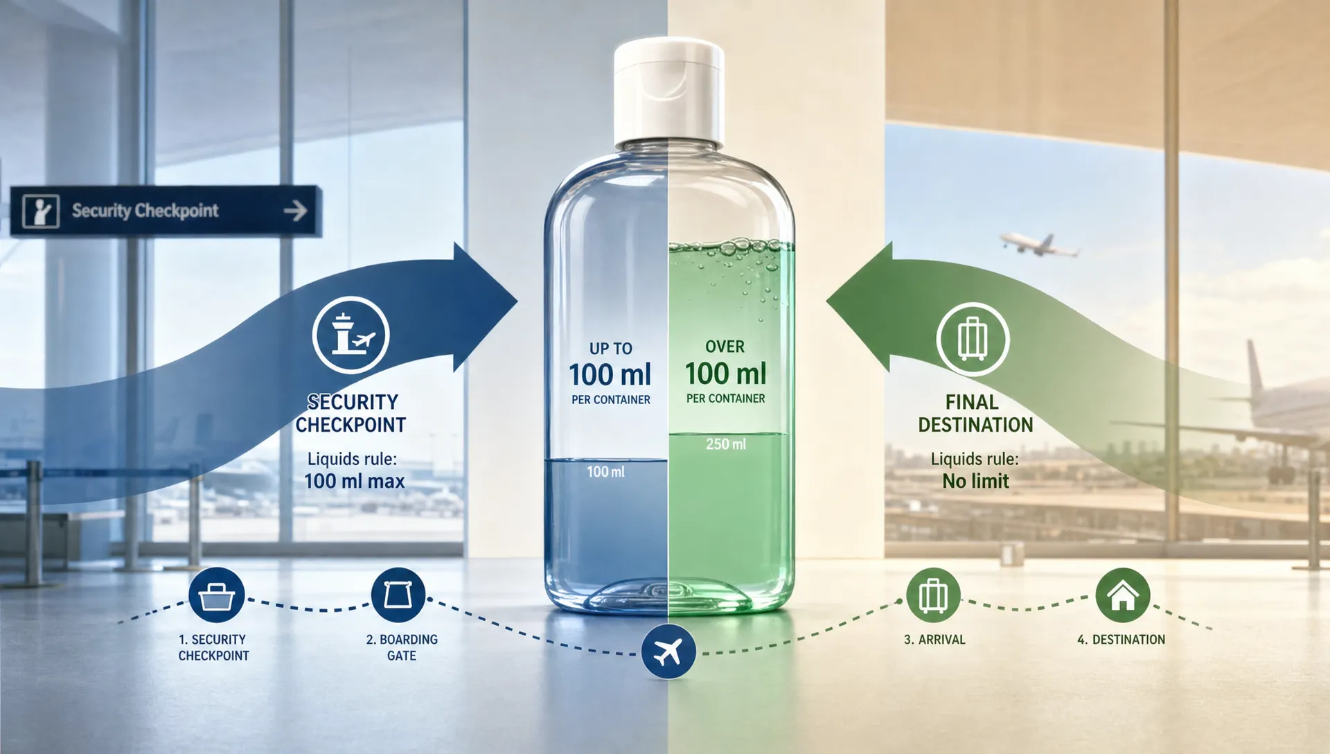 A split bottle icon with route arrows shows changing airport liquid rules across a trip.