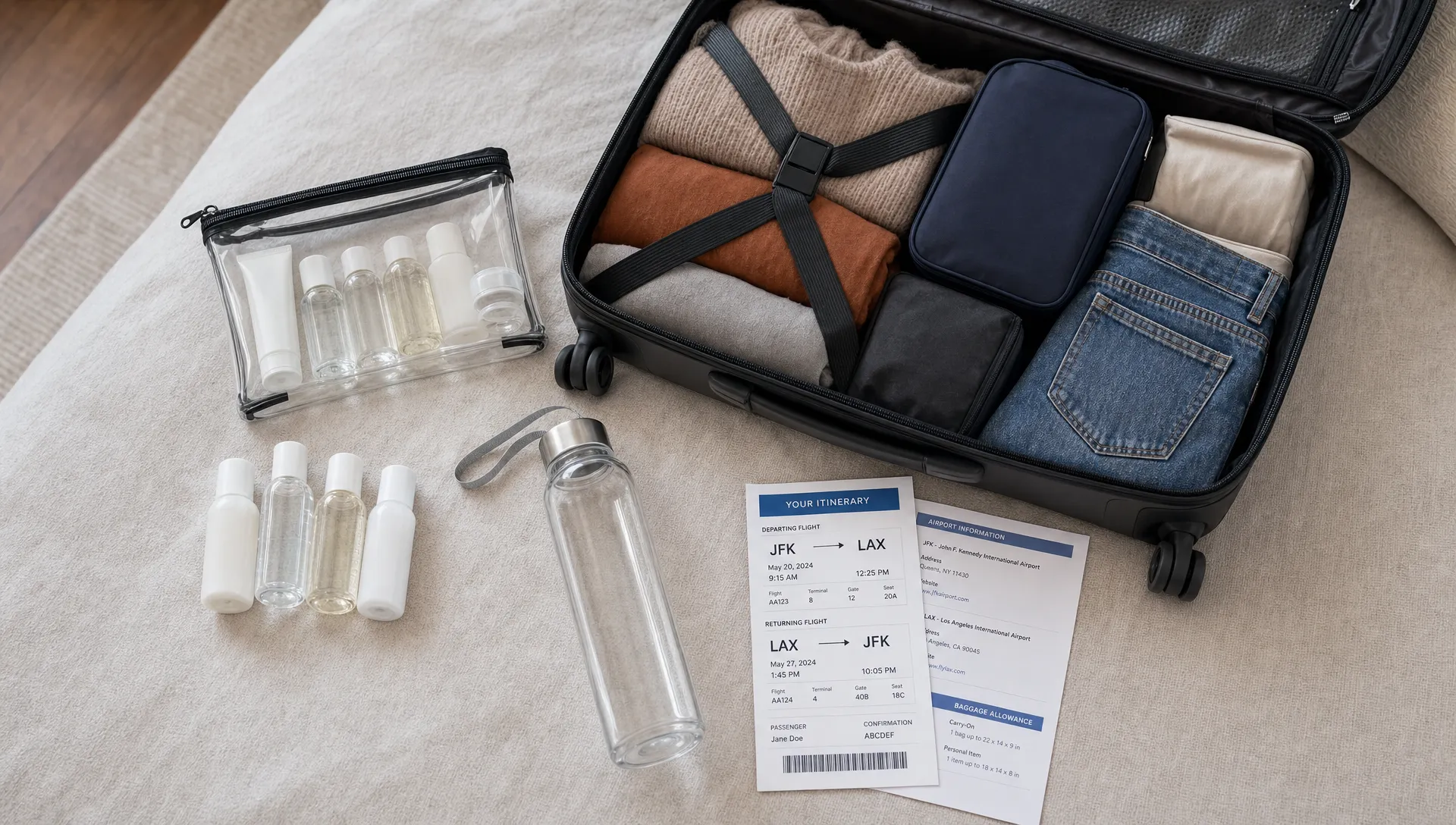 An overhead home packing scene with an open carry-on suitcase, a transparent resealable toiletries bag, several small 100ml bottles, an empty reusable water bottle, and printed airport itinerary papers laid out beside it.