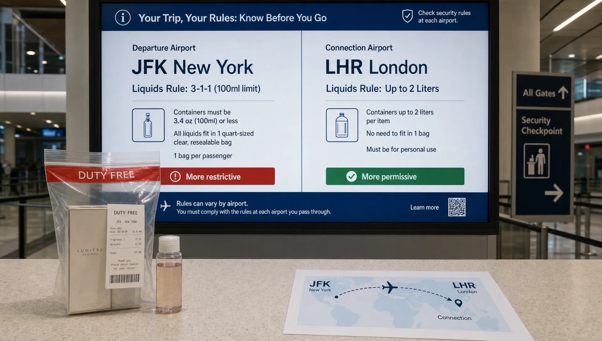 A landscape scene of a large airport information display wall at a security area showing a simple side-by-side comparison of two airport liquid rules for the same trip, with one airport marked as the stricter 100ml limit and the other showing a more permissive allowance. In the foreground, a sealed duty-free bag with a visible receipt and a small travel bottle sit on a clean counter, with a route map and connection arrows nearby. No dominant person in the frame; the image should feel like a route-rule decision happening at the airport, not a packing table or scanner tray.