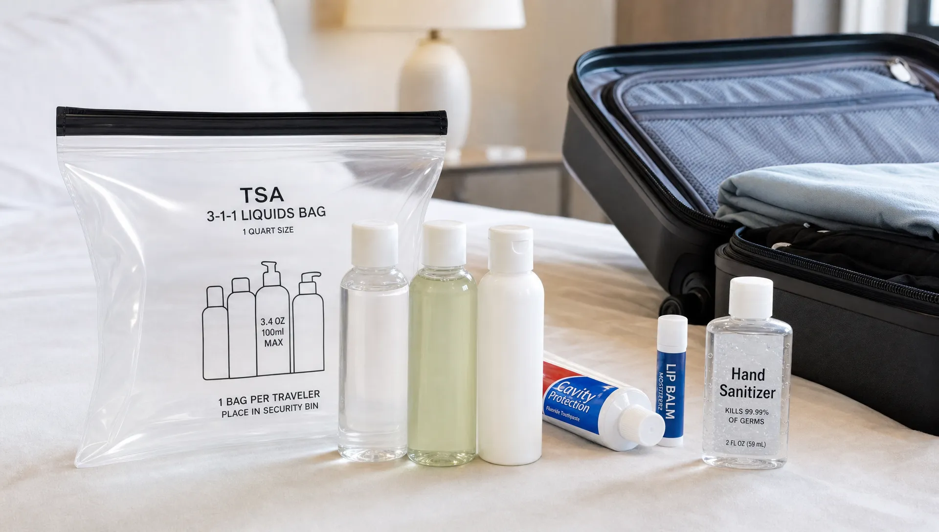 A clear security liquids bag sits beside 100 ml toiletry bottles, toothpaste, lip balm, and hand sanitizer next to an open carry-on.
