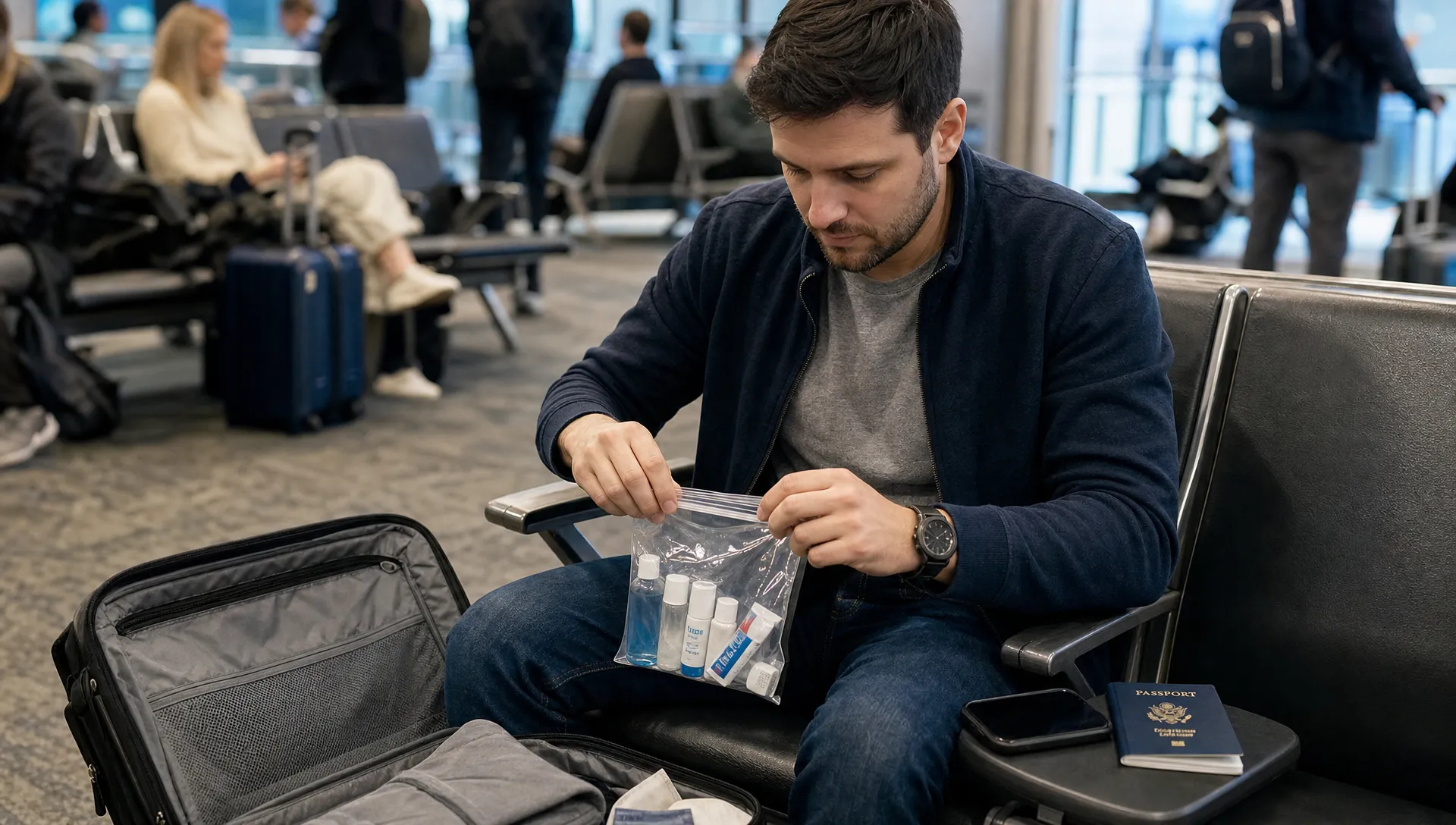 An adult traveler repacks toiletries into a clear liquids bag at a departure gate seat before boarding.
