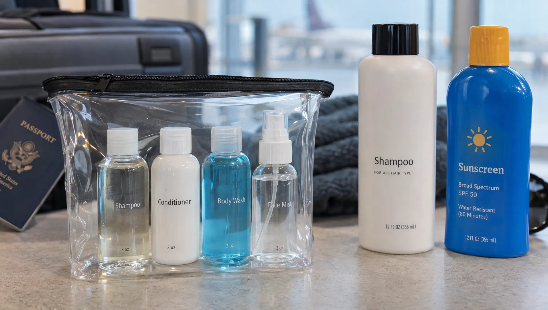 Capacity-marked refillable bottles sit inside a clear resealable liquids bag, while larger shampoo and sunscreen bottles are set aside for checked baggage.
