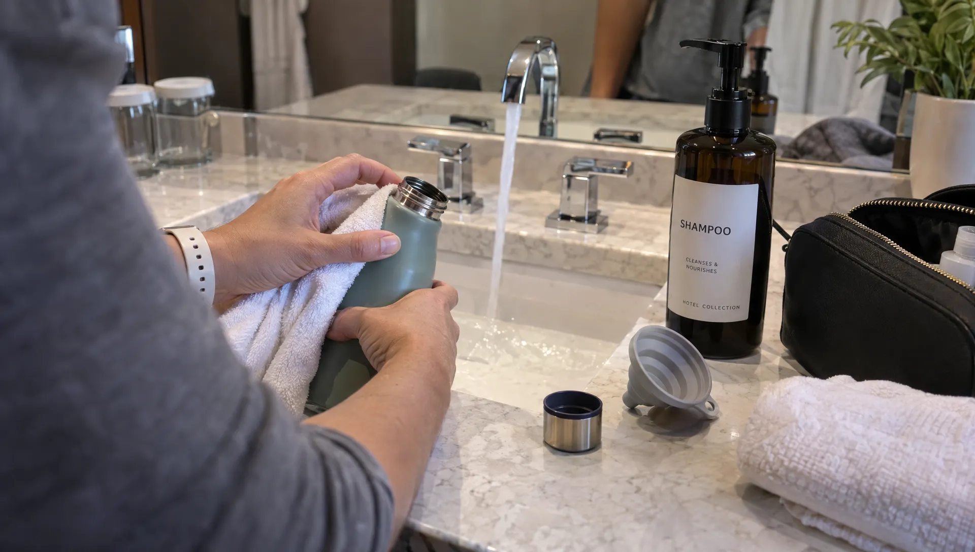 Hands clean a reusable shampoo bottle at a hotel sink while preparing toiletries for the return journey.