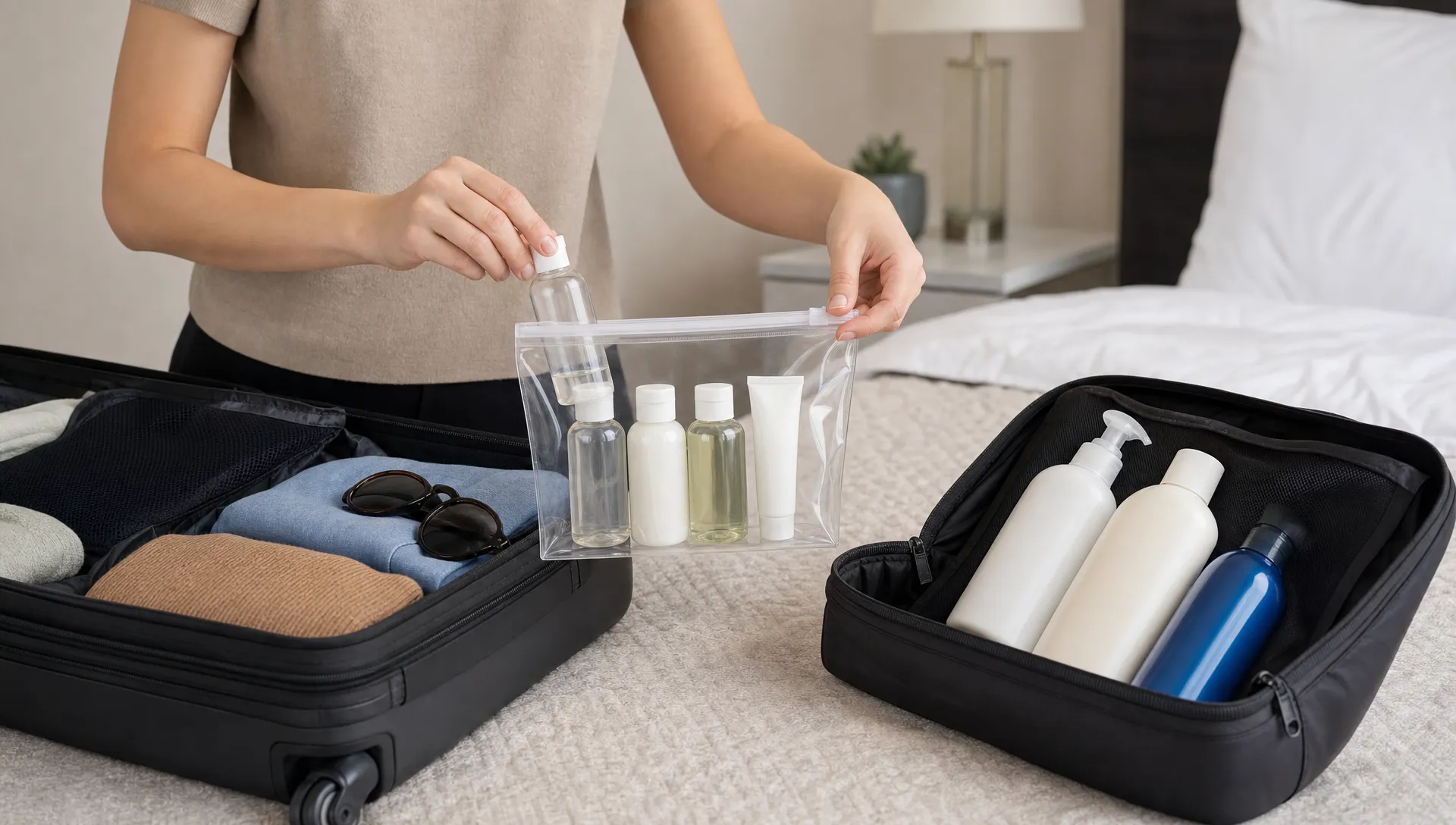 A traveler packing a clear resealable liquids bag with small 100ml toiletry bottles beside a carry-on suitcase, with larger bottles set aside in a separate checked-baggage pouch.