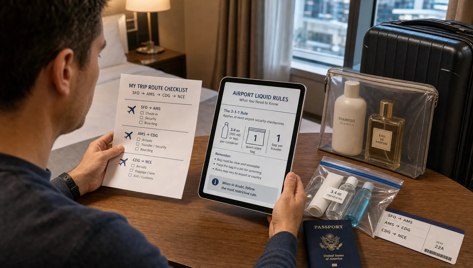 A landscape scene of a traveler at a hotel room desk, comparing a printed route checklist with official airport liquid rule notes on a tablet, while a clear resealable liquids bag, a passport, a boarding pass, and two small toiletry bottles sit beside an open suitcase. In the background, a full-size shampoo bottle and a larger perfume bottle are placed in a separate zip pouch near a carry-on, suggesting a trip where different checkpoints may have different liquid rules and the stricter one matters.