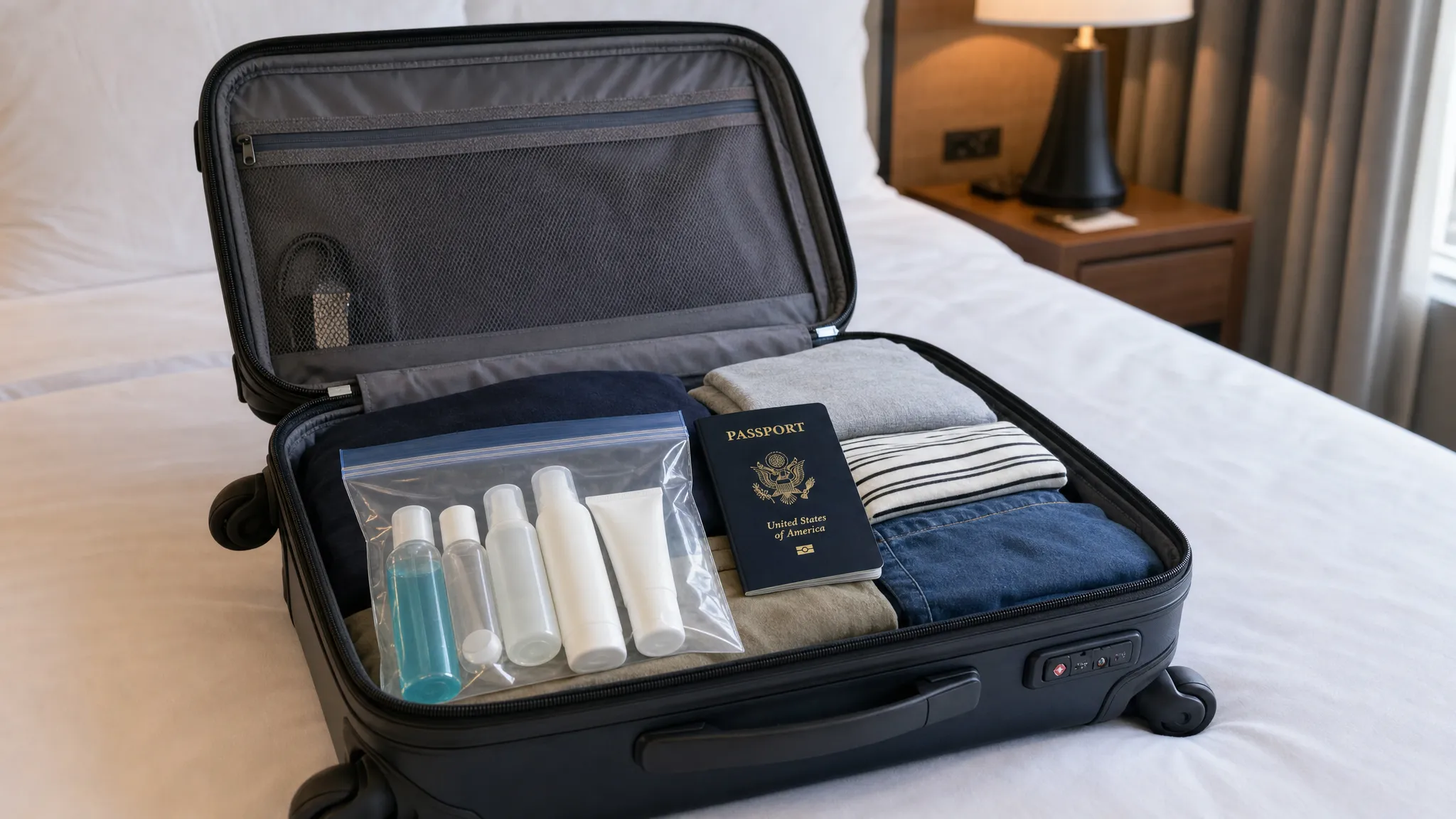An open carry-on suitcase on a hotel bed with a clear resealable liquids bag, travel-size toiletries, a passport, and neatly folded clothes arranged for airport security screening.