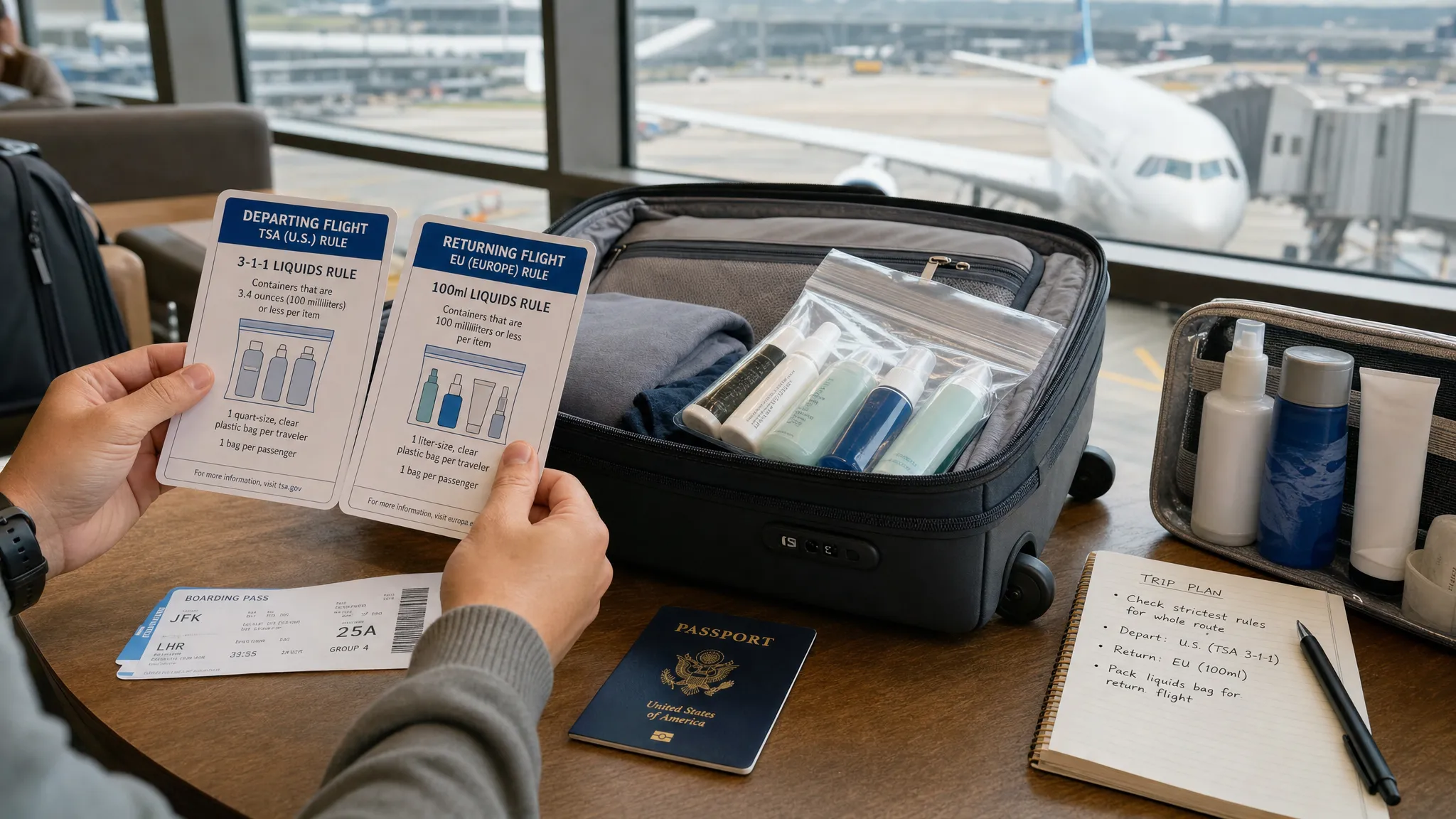 A landscape airport lounge planning scene with a traveler’s hands comparing two printed airport rule cards beside an open carry-on, a passport, a boarding pass, and a sealed clear liquids bag of travel-size toiletries. A second set of full-size toiletries sits farther away in a separate pouch, and a departure window view with an aircraft outside suggests checking the strictest rule for the whole route, including the return flight.