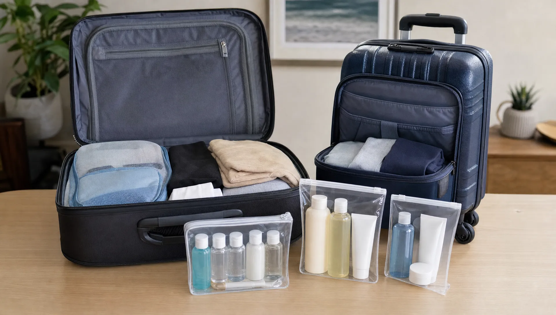 An open suitcase and carry-on sit side by side on a packing table, with travel-size bottles in a clear bag and full-size toiletries sealed in pouches.