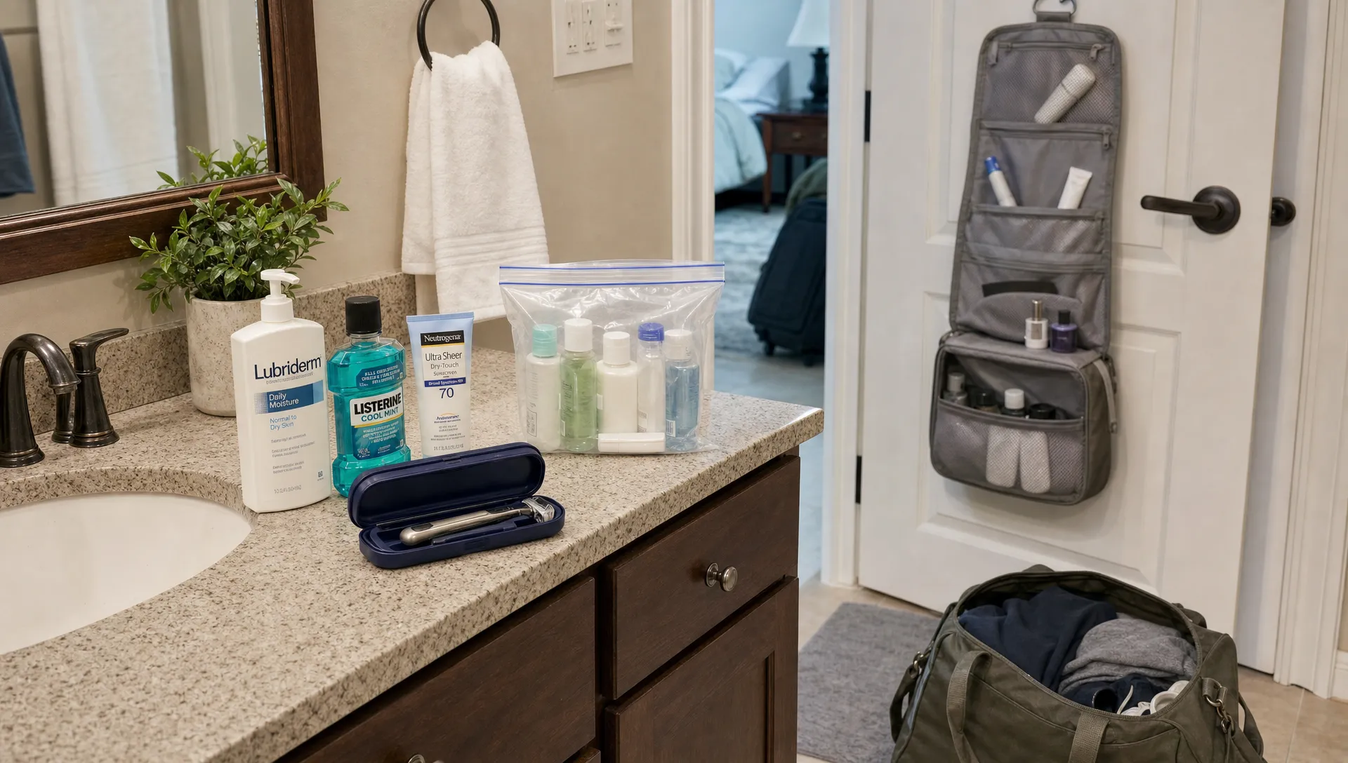 Bathroom toiletries and a weekender bag show how liquids are sorted for carry-on and checked luggage.