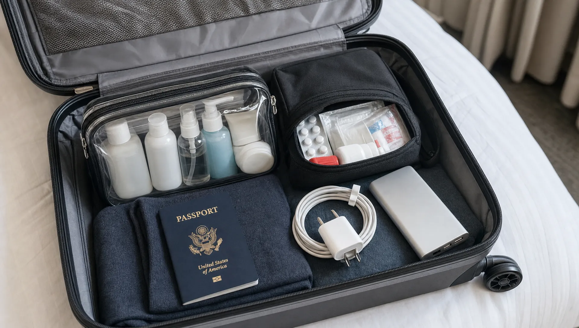 An open carry-on suitcase holds a clear toiletries bag, travel-size bottles, a passport, cables, a power bank, and a medicine pouch packed for security screening.