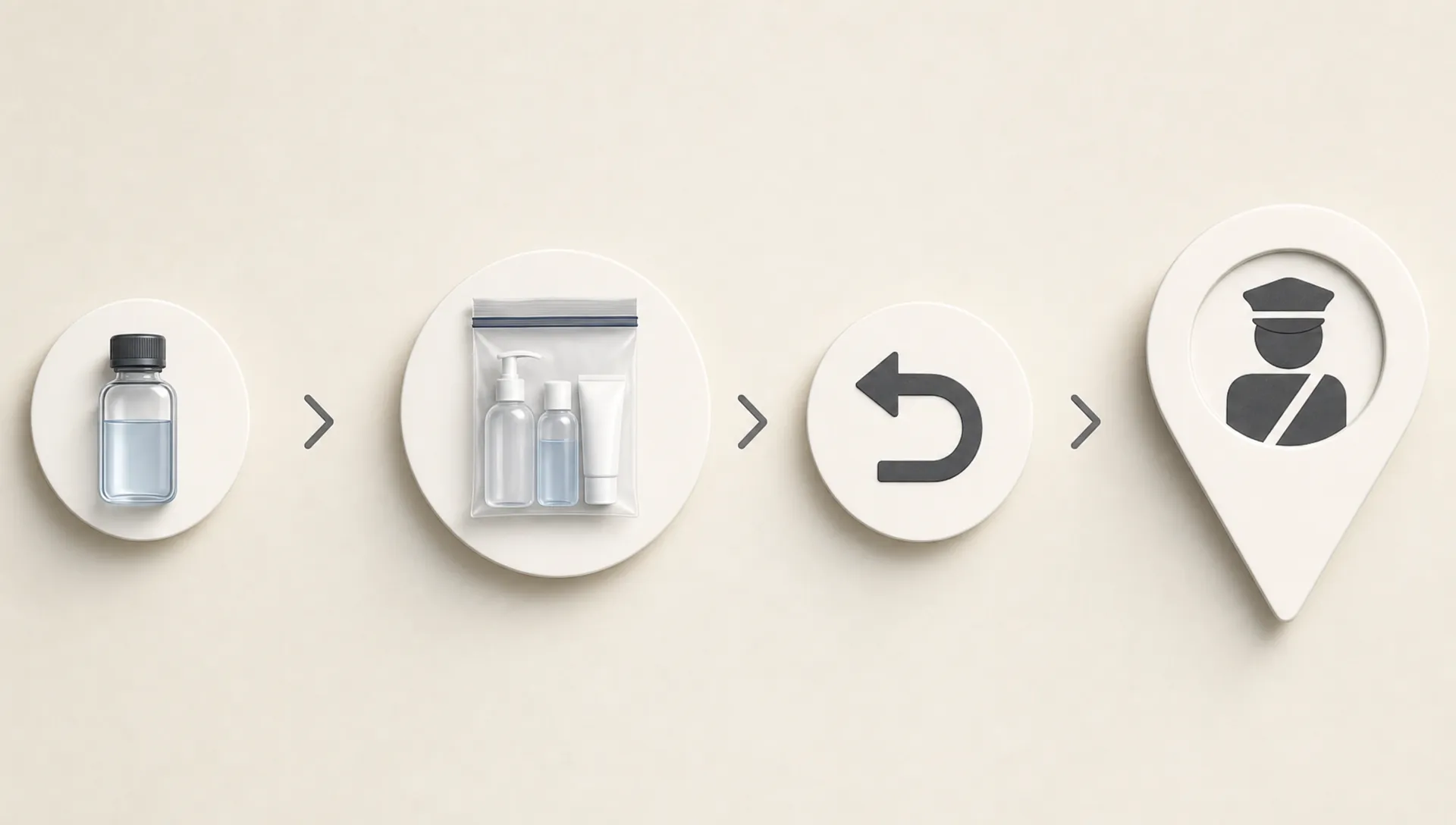 Airport rule icons and route arrows form an abstract layout about changing liquid limits on a trip.