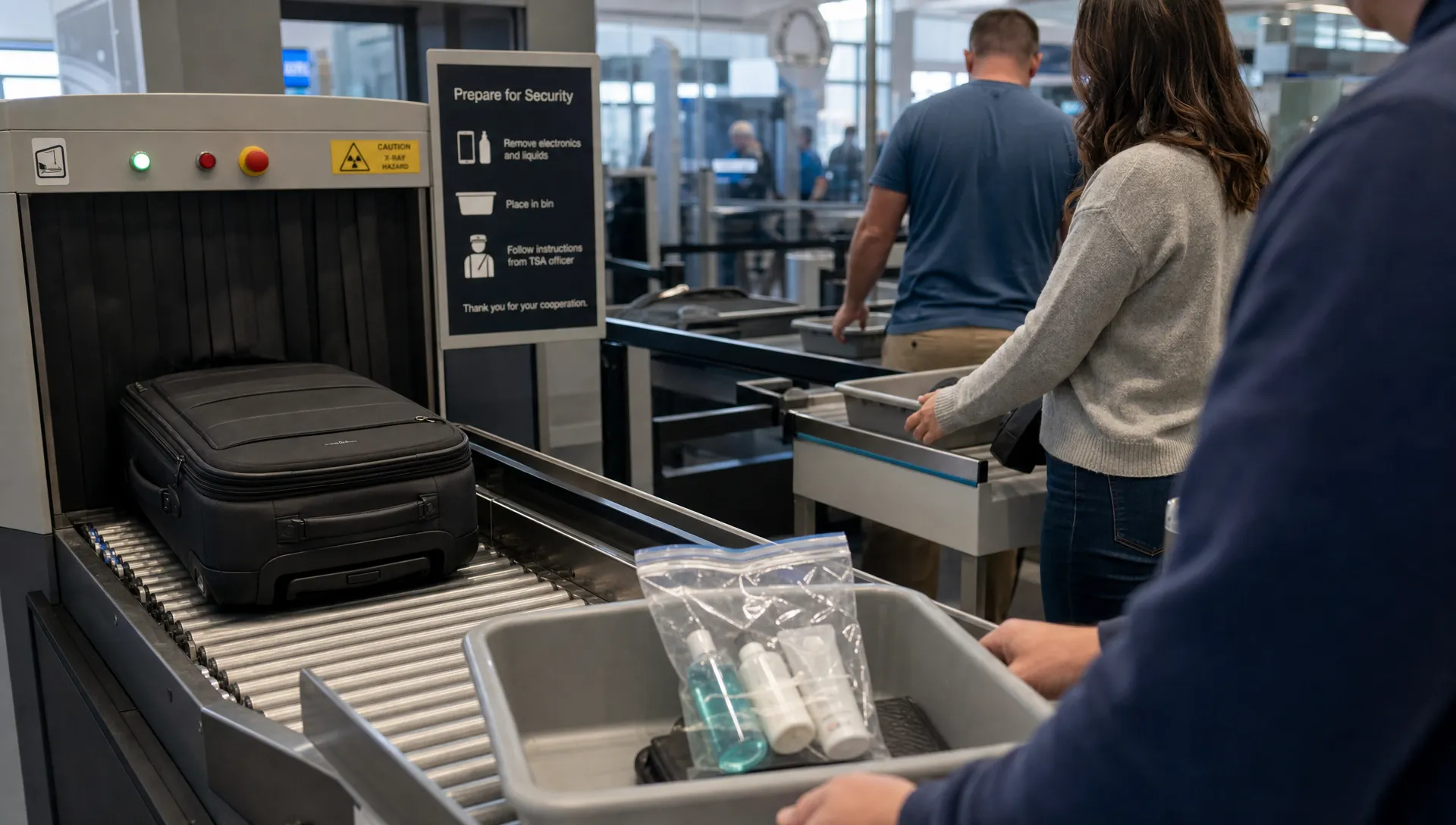 Airport security checkpoint with carry-on bags moving through a scanner, small toiletry bottles in a clear bag on a tray, and travelers preparing items for screening.