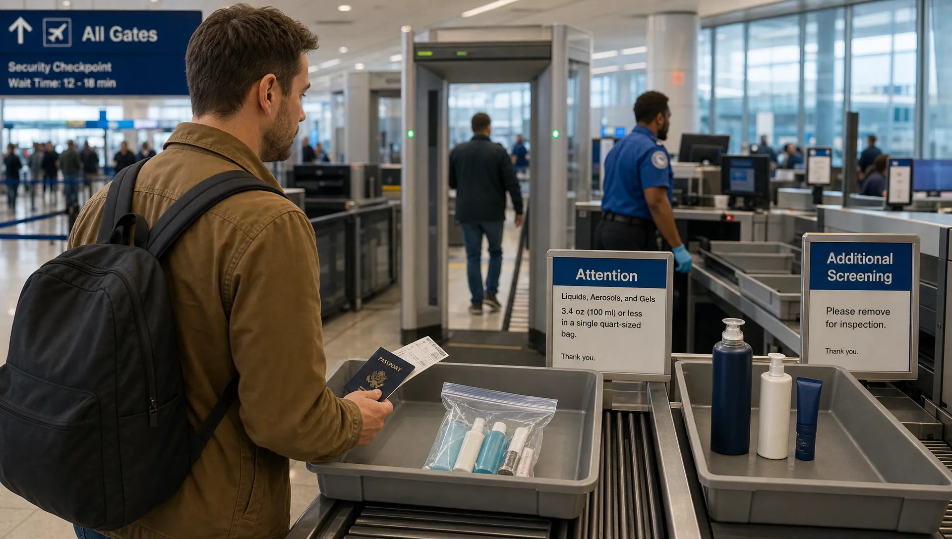 A landscape airport checkpoint scene centered on a modern security screening lane with a carry-on tray, a clear liquids bag holding small toiletry bottles, and a nearby lane showing a larger toiletry bottle set aside for inspection. A traveler stands just before the conveyor with a passport and boarding pass in hand, while the background shows scanning equipment, staff workstations, and a soft view of the terminal beyond, emphasizing the uncertainty of changing liquid rules across different checkpoints.