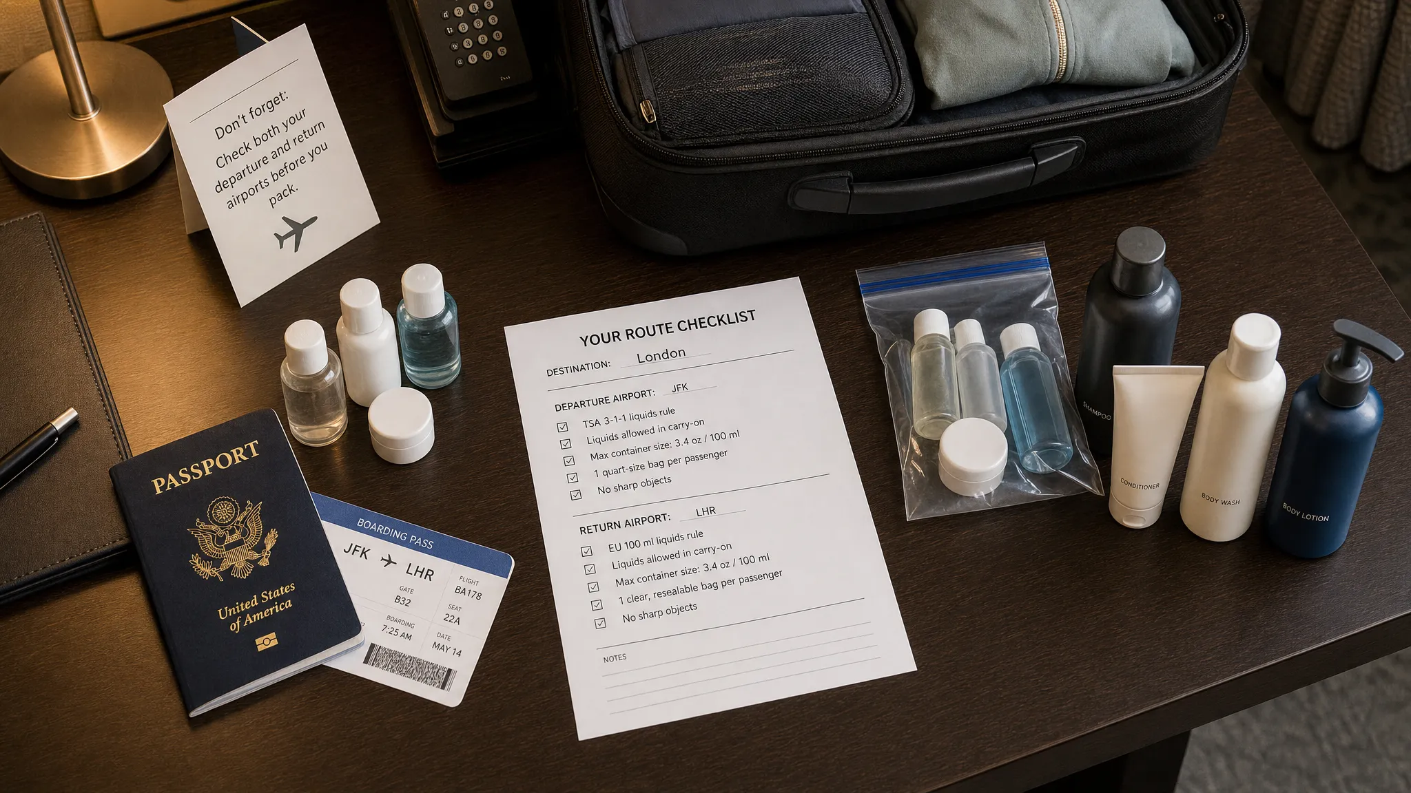 A wide overhead travel planning scene on a hotel desk with a printed route checklist, a passport, a boarding pass, a clear resealable liquids bag, and two neatly separated groups of toiletries: travel-size bottles on one side and a few full-size bottles on the other. A carry-on suitcase sits open nearby, and a folded airport note card suggests checking both departure and return airports before packing.