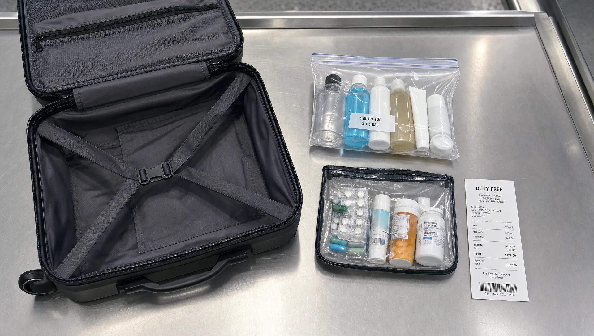 An open carry-on with a clear liquids bag, travel-size toiletries, a medicine pouch, and a duty-free receipt arranged separately for security.