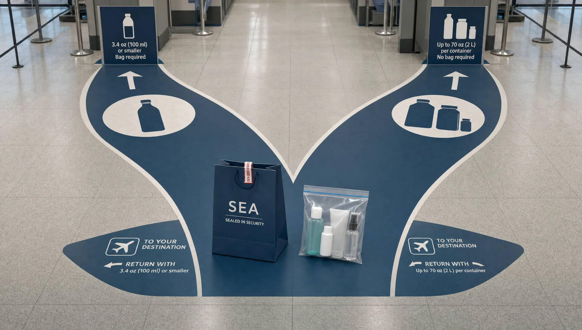 Two airport routes split around a liquids bag, showing the strictest cabin liquid rule on a trip.