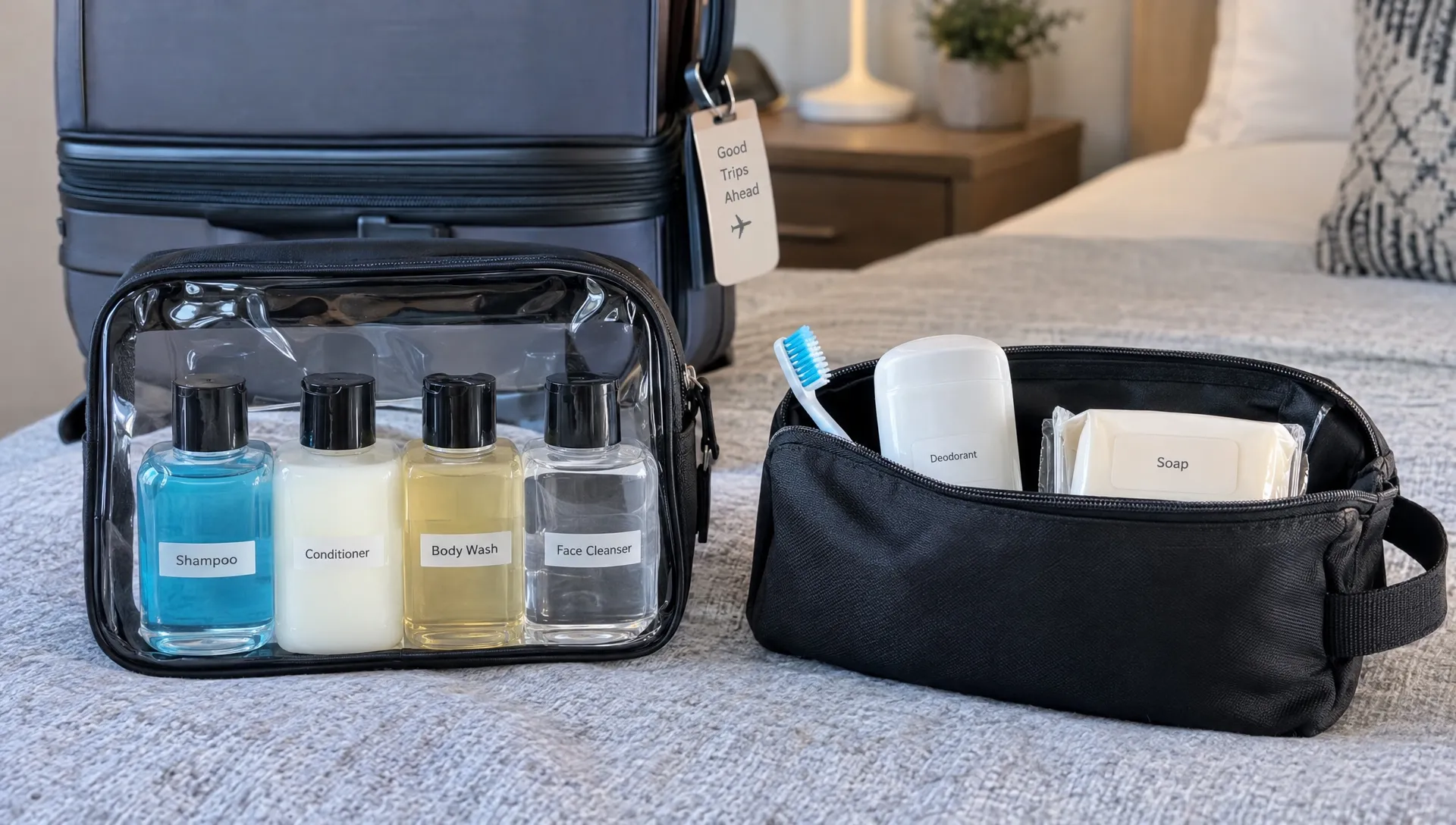 An open clear pouch holds labeled travel-size liquid toiletries, while a toothbrush, solid deodorant and soap sit in a separate dry wash bag beside the carry-on.