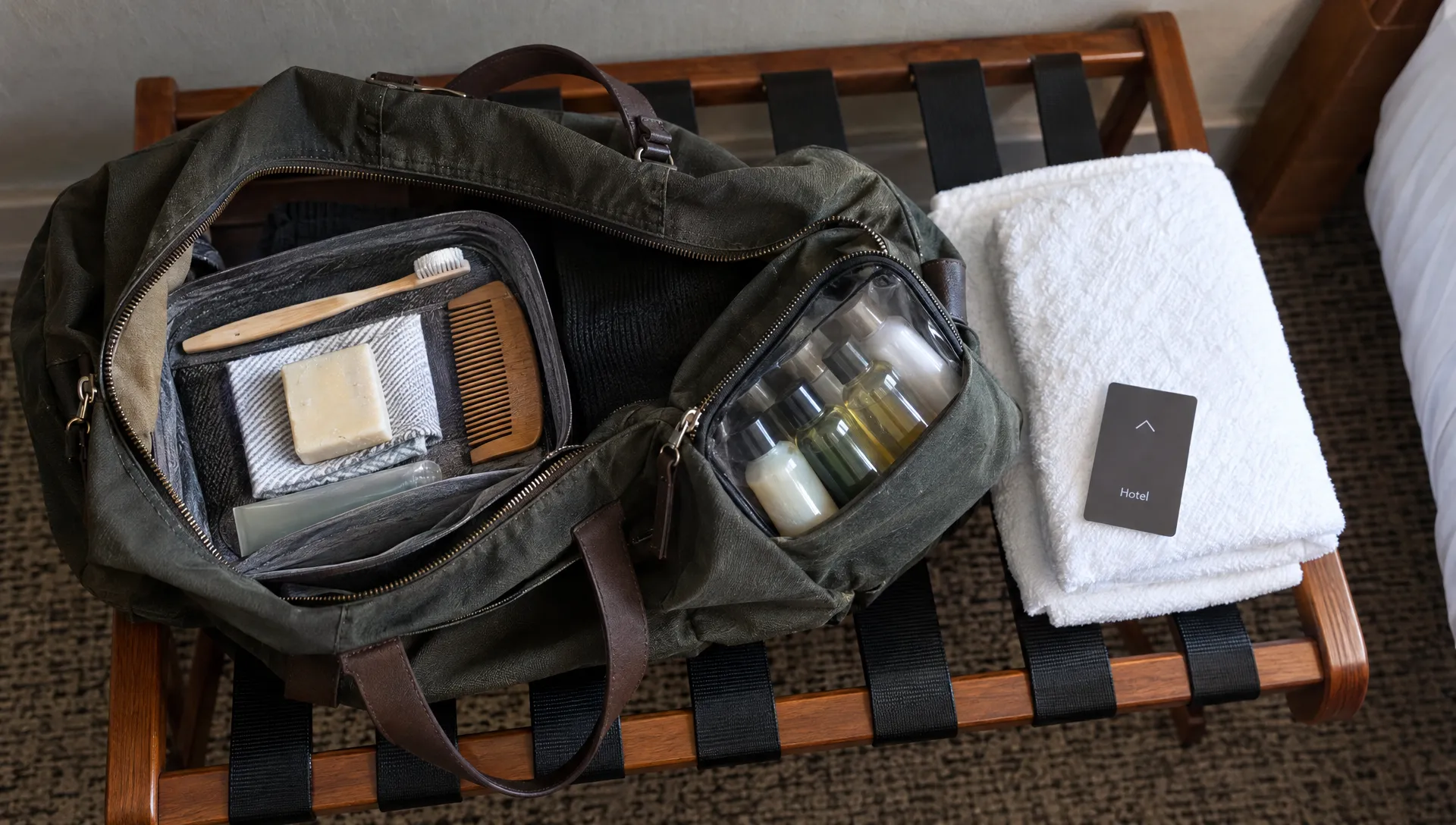 A weekender bag separates a dry wash kit from a closed pouch of liquid toiletries in a hotel room.