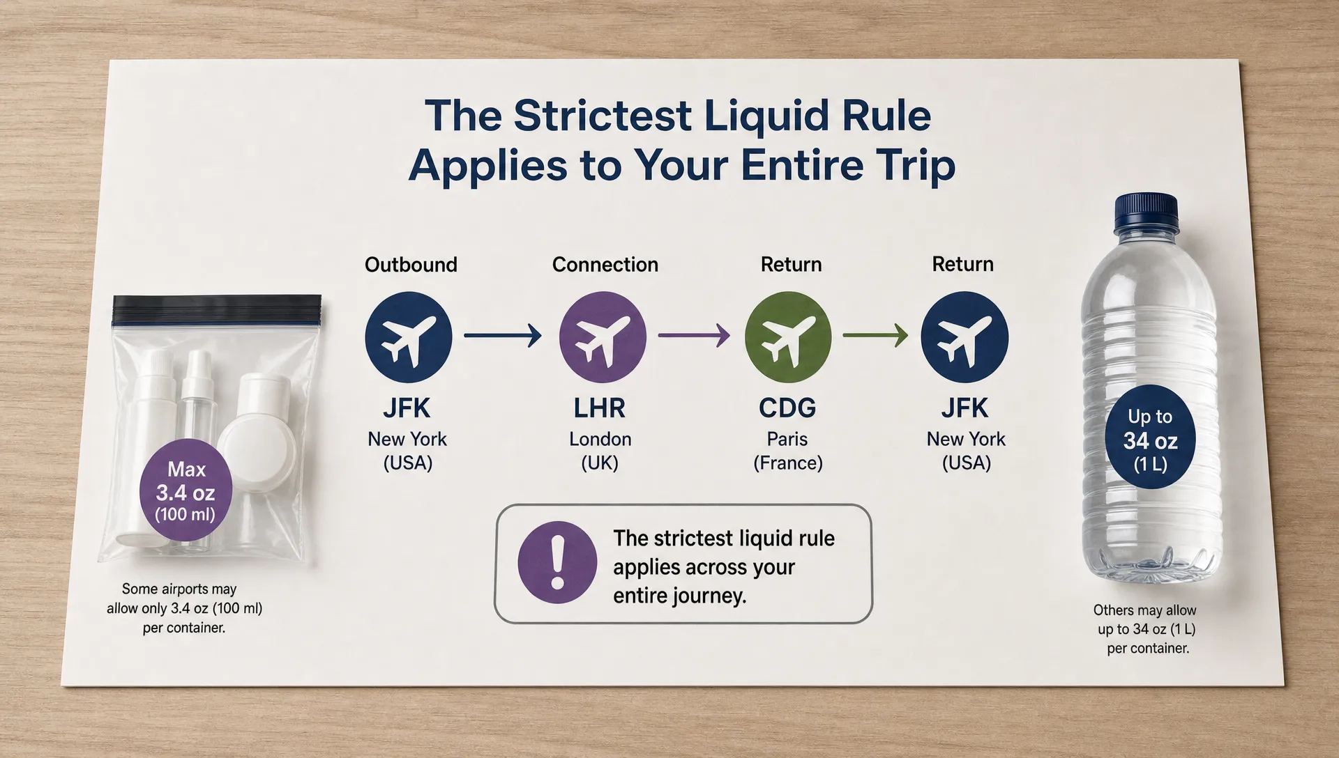 A route map shows outbound, connection and return airports beside icons for a clear bag and a larger bottle.