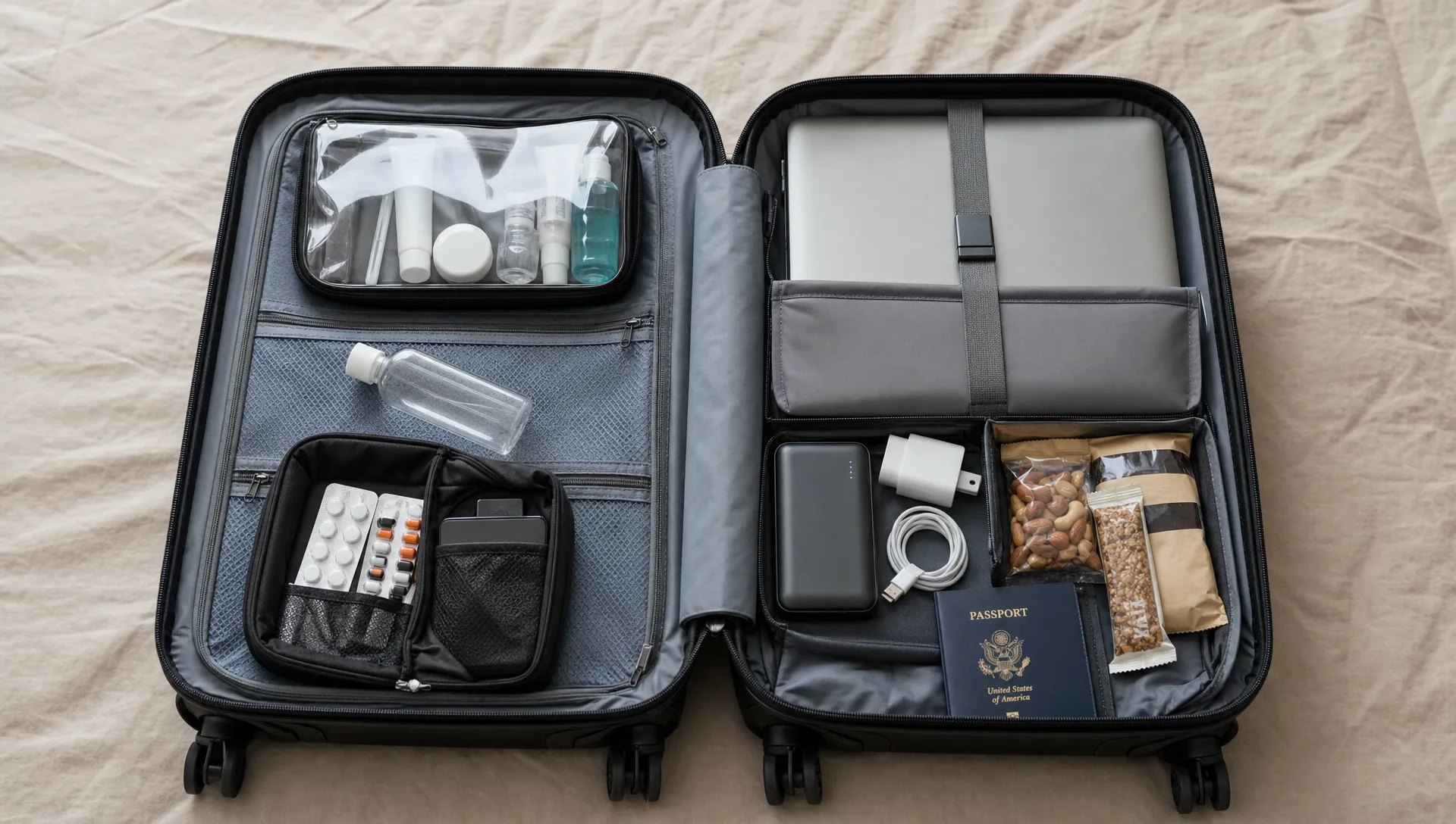 An open carry-on suitcase with a clear toiletry bag, empty bottle, laptop, medication pouch, power bank, chargers, snacks and a passport arranged in separate sections.